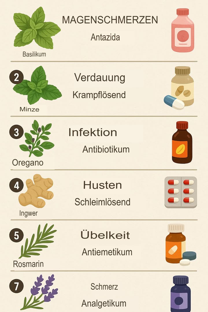 Entdecke die Geheimnisse der Kräuter für ein gesünderes Leben 

Linderung bei Magenbeschwerden und antazidische Wirkung: Basilikum, ein weit verbreitetes Kraut in der mediterranen Küche, hat Eigenschaften, die helfen, Magenbeschwerden zu lindern. Das Kauen von frischen Blättern kann helfen, den Magen zu beruhigen, während eine Tasse Basilikumtee eine ausgezeichnete natürliche Alternative ist, um die Säure zu reduzieren und die Verdauung zu fördern.

Verbesserte Verdauung und Kampf gegen Koliken: Minze, bekannt für ihren erfrischenden Duft, ist auch ein wertvoller Verbündeter für die Verdauungsgesundheit. Das Trinken von Pfefferminztee nach den Mahlzeiten hilft, Blähungen, Gas und Magenschmerzen zu lindern und wirkt als Muskelrelaxans, das die Darmkrämpfe reduziert.

Kämpft auf natürliche Weise gegen Infektionen: Oregano ist nicht nur ein schmackhaftes Gewürz, sondern auch ein kraftvolles antimikrobielles Kraut. Das Hinzufügen von Oregano zu den Mahlzeiten oder das Zubereiten eines Aufgusses mit getrocknetem oder frischem Oregano kann das Immunsystem stärken und schädliche Mikroorganismen eliminieren, dank seiner antibakteriellen und antimykotischen Eigenschaften.

Wirksames Mittel gegen Husten und Auswurf: Für diejenigen, die unter hartnäckigem Husten leiden, ist Ingwer ein bewährtes Hausmittel. In Wasser mit Honig und Zitrone gekocht, wird er zu einem wohltuenden Getränk, das den Hals beruhigt, das Abhusten von Schleim erleichtert und die Reizung reduziert, wodurch eine schnelle Linderung bei Erkältungen oder Atemwegsinfektionen geboten wird.

Bekämpft Übelkeit und Reisekrankheit: Rosmarin ist ein aromatisches Kraut, das neben seiner Verwendung in der Küche auch bei der Bekämpfung von Übelkeit und Schwindel hilft. Das Inhalieren von Rosmarindämpfen oder der Genuss von Rosmarintee hat eine beruhigende Wirkung auf den Magen und lindert auch Beschwerden wie Reisekrankheit während Reisen oder medizinischer Behandlungen.

Schmerzlinderung und Kopfschmerzen: Lavendel ist bekannt für seine entspannenden und schmerzlindernden Eigenschaften. Aufgetragen als ätherisches Öl bei Massagen oder durch Inhalation des Aromas mit einem Diffusor kann es Muskelschmerzen, Spannungskopfschmerzen und allgemeine Muskelverspannungen lindern, wodurch tiefes Entspannen und allgemeines Wohlbefinden gefördert werden.

Kraftvolle entzündungshemmende Wirkung: Kurkuma, das goldene Gewürz, das häufig in der indischen Küche verwendet wird, enthält aktive Bestandteile, die sogenannten Curcuminoide, die die Entzündung im Körper bekämpfen. Gemischt mit Goldene Milch oder in die täglichen Mahlzeiten integriert, hilft es, entzündliche Prozesse zu reduzieren und schützt Gelenke und Organe, während es zu einer ausgewogeneren Gesundheit beiträgt.

Diese Kräuter bereichern nicht nur den Geschmack von Lebensmitteln, sondern bieten auch erstaunliche therapeutische Vorteile, die den Körper auf natürliche und sichere Weise stärken. Die Integration dieser Kräuter in deine tägliche Routine kann deine Gesundheit auf überraschende und nachhaltige Weise verbessern .