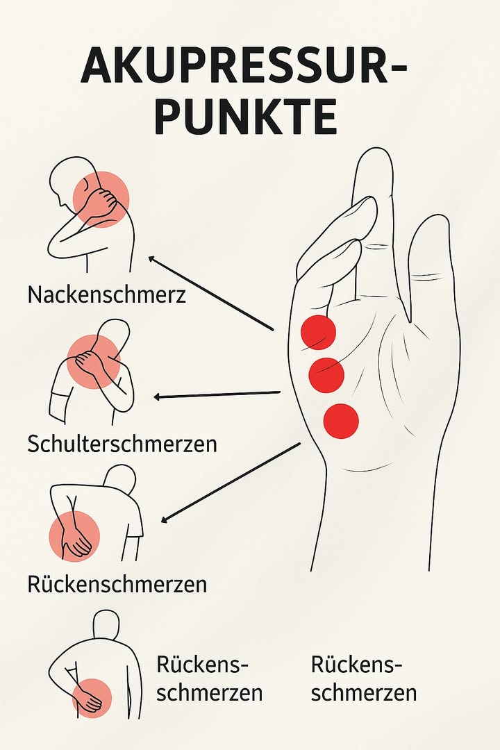 Akupressurpunkte zur Schmerzlinderung 

1 Nackenschmerzen
Sanft den oberen Punkt an der Hand massieren, um Verspannungen im Nackenbereich zu lösen.

2 Schulterschmerzen
Druck auf den mittleren Punkt der Handfläche ausüben, um die Schultern zu entspannen und die Durchblutung zu fördern.

3 Rückenschmerzen
Den unteren Punkt der Handfläche pressen, um Schmerzen im Lendenbereich und Muskelsteifheit zu reduzieren.

 Eine einfache, natürliche und wirksame Methode zur Linderung alltäglicher Beschwerden.