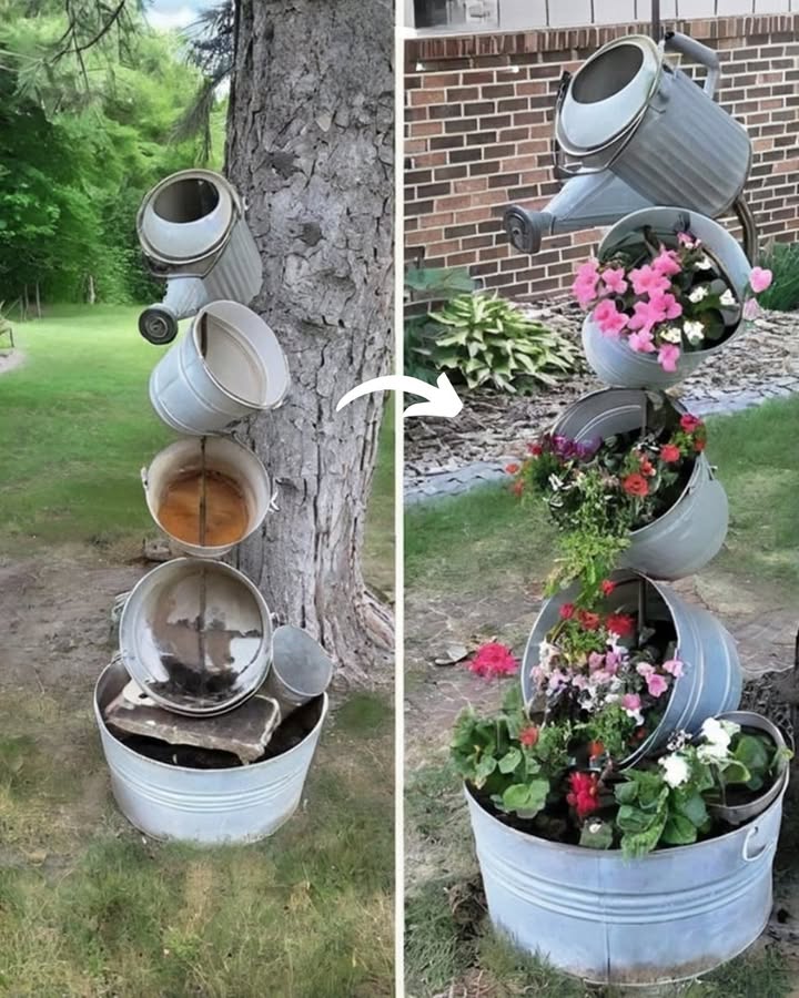 Aus Metalleimern und Gießkannen einen vertikalen, kaskadenförmigen Blumenkasten zu gestalten, ist eine originelle und charmante Art, Ihre Pflanzen zur Geltung zu bringen.