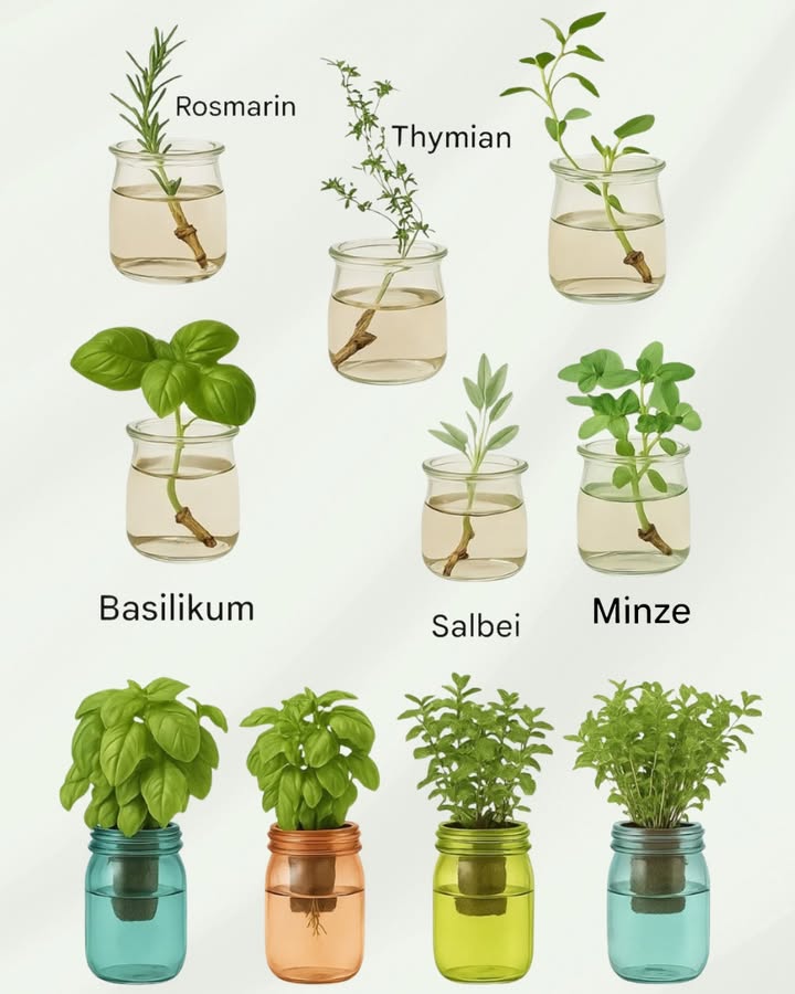 Kräuter, die das ganze Jahr nur im Wasser wachsen 

1 Basilikum  frische Stecklinge ins Glas stellen; viel Licht nötig.
2 Minze  Wasser regelmäßig wechseln; wächst sehr schnell.
3 Rosmarin  braucht direkte Sonne; wurzelt langsam.
4 Oregano  junge Triebe verwenden; intensives Aroma.
5 Thymian  viel Licht; flaches Glas bevorzugt.
6 Melisse  Halbschatten; ideal für Teeaufgüsse.
7 Salbei  heller Standort; feste Blätter.
8 Koriander  frische Stängel; kontinuierliche Ernte.
9 Schnittlauch  Basis mit Wurzeln verwenden; wiederholter Austrieb.
 Stevia  süßt Tees; Wasser stets sauber halten.
11 Estragon  passt gut zu Fischgerichten; mäßiges Licht.
12 Petersilie  Halbschatten; gleichmäßiges Wachstum.

 Schnelle Pflegehinweise
 Wasser 12 Mal pro Woche wechseln.
 Transparentes, sauberes Gefäß nutzen.
 46 Stunden Licht täglich geben, alle 46 Wochen schwach flüssig düngen.
 Chlorfreies Wasser bevorzugen; Spitzen regelmäßig schneiden für mehr Austriebe.
 Für größere Erträge ins Substrat umpflanzen.