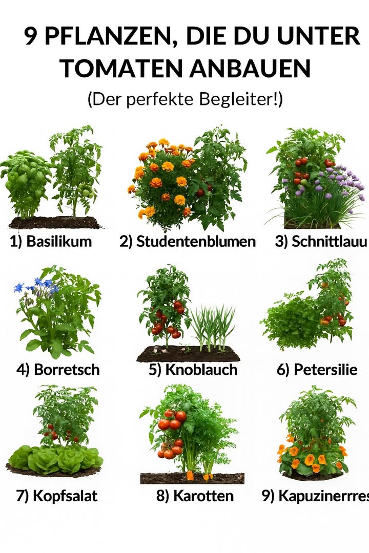 Tomaten  diese 9 Pflanzen = weniger Schädlinge, mehr Ernte 
– Basilikum – Verbessert den Geschmack und wehrt Schädlinge ab
– Ringelblumen – Verhindern Nematoden und Blattläuse
– Schnittlauch – vertreibt Blattläuse und verbessert das Wachstum
– Borretsch – Lockt Bestäuber an, hält Tomaten-Hornwürmer ab
– Knoblauch – Natürliche Schädlingsbekämpfung gegen Spinnmilben und mehr
– Petersilie – lockt nützliche Raubinsekten an
– Kopfsalat – Bietet Bodenbedeckung und Feuchtigkeitsspeicherung
– Karotten – Nutzen den Wurzelraum effizient aus
– Kapuzinerkresse – Fallenpflanze für Blattläuse und Weiße Fliegen
 Mischkulturen reduzieren Schädlinge, sparen Platz und steigern den Ertrag von Tomaten!