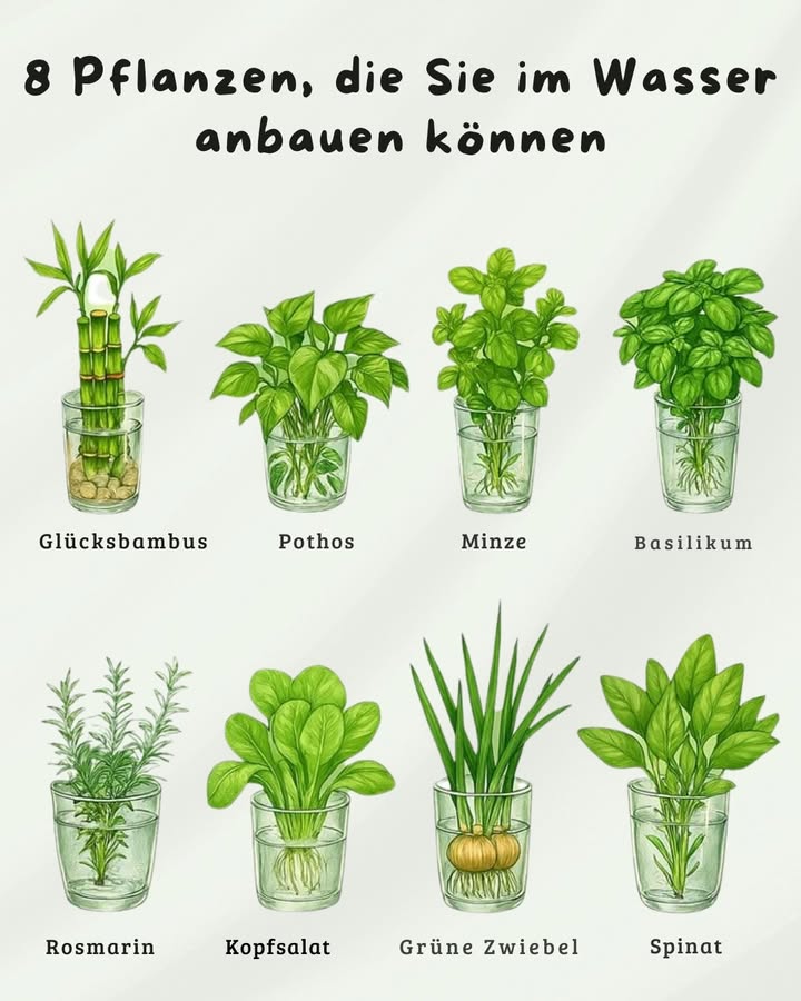 Pflanzen im Wasser ziehen  ganz ohne Erde 

1 Glücksbambus
Der Klassiker für Fensterbänke! Einfach ins Glas mit Wasser stellen und staunen. Viele denken, er braucht Erde  tut er nicht!

2 Pothos
Diese robuste Pflanze wächst fast überall. Schneide einfach einen Trieb ab und stelle ihn ins Glas. Typischer Fehler: das Wasser nie wechseln  dann riechts schnell unangenehm.

3 Minze
Frische Minze für Tee oder Cocktails? Ein Zweig im Wasser reicht, und schon sprießen die Wurzeln. Aber Vorsicht: Sie wächst so schnell, dass man manchmal denkt, sie will die Küche übernehmen.

4 Basilikum
Ein paar Stecklinge ins Wasser gestellt  und du hast immer Nachschub für Pasta. Fehler Nummer eins: zu wenig Licht, dann hängen die Blätter traurig runter.

5 Rosmarin
Etwas langsamer beim Wurzeln, aber dafür super duftend. Geduld zahlt sich aus  sonst gibt man zu früh auf.

6 Kopfsalat
Ein Salatstrunk ins Glas gestellt und er treibt neu aus. Viele werfen ihn weg, dabei steckt noch so viel Leben drin!

7 Grüne Zwiebel
Einfach ins Glas mit Wasser und sie wächst von selbst weiter. Praktisch: man schneidet und schneidet und hat das Gefühl, sie hört nie auf.

8 Spinat
Auch Spinat lässt sich im Wasser nachziehen. Fehler vieler: zu warm stellen  er liebt es eher kühl.

So einfach kannst du dir eine kleine Wasser-Garten-Oase anlegen  perfekt für die Küche und immer frisch griffbereit!