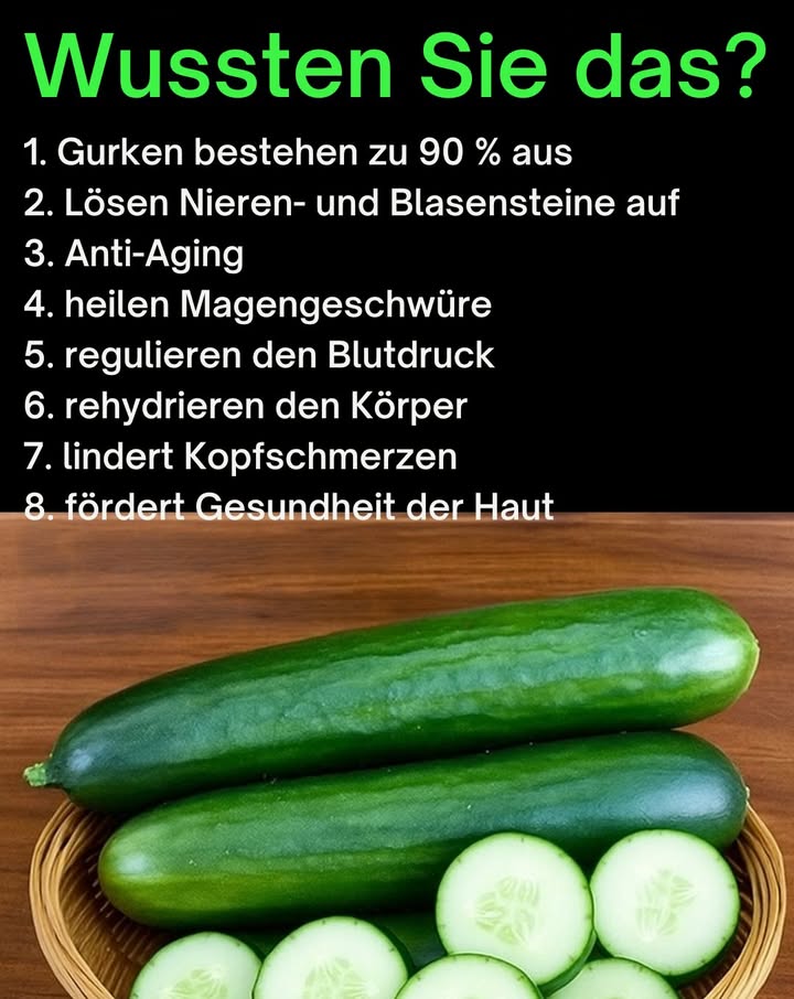Hier ist eine klare und informative Zusammenfassung der erstaunlichen gesundheitlichen Vorteile von Gurken  übersichtlich in Stichpunkten präsentiert für eine einfache und angenehme Lektüre. 

勒 Gurken bestehen zu etwa 9596 % aus Wasser, was sie zu einem äußerst hydrierenden Lebensmittel macht  ideal für heiße Tage oder zur Erholung nach dem Sport. 

勒 Ihre natürliche harntreibende Wirkung unterstützt die Ausscheidung von Toxinen und kann helfen, Nieren- und Blasensteine aufzulösen. 

勒 Gurken enthalten wertvolle Pflanzenstoffe wie Cucurbitacine und Antioxidantien, die krebshemmende Eigenschaften besitzen und zur Krebsprävention beitragen können. 

勒 Durch ihre kühlende und beruhigende Wirkung können sie Magengeschwüre lindern und die Heilung fördern. 喙

勒 Mit ihrem hohen Gehalt an Kalium und Magnesium helfen sie dabei, den Blutdruck zu regulieren und ein gesundes elektrolytisches Gleichgewicht aufrechtzuerhalten. 

勒 Neben der inneren Hydrierung fördern sie auch die Gesundheit der Haut und inneren Organe, indem sie deren Funktion unterstützen. 

勒 Dank ihrer entzündungshemmenden und feuchtigkeitsspendenden Wirkung können sie Kopfschmerzen durch Dehydrierung lindern. 易

勒 Die enthaltene Kieselsäure verbessert das Hautbild, reduziert Schwellungen und Irritationen, und verleiht der Haut ein frisches Aussehen. 

 Gurken sind ein echtes Superfood  erfrischend, gesund und vielseitig einsetzbar. Genieße sie regelmäßig, um von all ihren positiven Effekten zu profitieren!