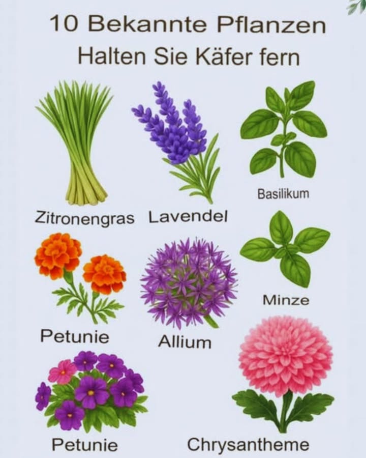 10 Natürliche Pflanzen zur Abwehr von Insekten für einen gesünderen Garten
Zitronengras
Zitronengras, bekannt für seinen Gehalt an Zitronenverbene, hält Mücken auf natürliche Weise fern. Pflanzen Sie es in Gärten oder Töpfen in der Nähe von Sitzbereichen, um von seinen schützenden Eigenschaften zu profitieren.
Lavendel
Mit seinem starken blumigen Duft hält Lavendel Mücken, Fliegen und Motten fern. Er fördert auch Entspannung und kann in Ölen verwendet oder getrocknet werden, um Innenräume zu erfrischen.
Basilikum
Über den Einsatz in der Küche hinaus dient Basilikum als wirksames Abwehrmittel gegen Mücken, Fliegen und einige Käfer, dank seines intensiven Duftes.
Minze
Das starke Aroma von Minze vertreibt Ameisen, Mücken und Fliegen. Da sie sich aggressiv ausbreitet, ist es am besten, sie in Töpfen zu ziehen.
Ringelblumen
Diese leuchtenden Blumen produzieren Pyrethrum, ein natürliches Insektizid, das ideal ist, um Mücken, Blattläuse und sogar Kaninchen in Gemüsegärten abzuwehren.
Petunien
Oft als “natürliches Pestizid” bezeichnet, vertreiben Petunien Blattläuse, Käfer und Kürbiswanzen und verschönern mit ihren bunten Blüten Gartenbeete.
Allium-Pflanzen
Knoblauch, Zwiebeln und Schnittlauch gehören zur Familie der Allium-Pflanzen und sind hervorragend geeignet, um Schädlinge wie Blattläuse, Kohlwürmer und Schnecken fernzuhalten, dank ihrer Schwefelverbindungen.
Chrysanthemen
Reich an Pyrethrinen, vertreiben Chrysanthemen eine Vielzahl von Insekten, einschließlich Ameisen, Zecken, Flöhe und Kakerlaken. Ihre natürlichen insektiziden Eigenschaften werden auch in kommerziellen Sprays verwendet.
Rosmarin
Sowohl kulinarisch als auch schützend, hält Rosmarin Mücken, Kohlmotten und Karottenfliegen fern. Er gedeiht sowohl in Töpfen als auch im Freiland.
Citronella-Gras
Ein starker Mückenschutz, Citronella-Gras wird oft in Insektenschutzprodukten verwendet und ist perfekt, um es rund um Terrassen oder Wege zu pflanzen.
Zusätzliche Tipps für natürliche Schädlingsbekämpfung
Pflanzen Sie in der Nähe von stark frequentierten Außenbereichen für maximale Wirkung.
Kombinieren Sie verschiedene Arten, um vor mehreren Insektenarten zu schützen.
Verwenden Sie extrahierte Öle dieser Pflanzen für selbstgemachte Abwehrmittel.
Schneiden und pflegen Sie die Pflanzen regelmäßig für eine anhaltende Wirksamkeit.
Die Integration dieser Pflanzen in Ihre Landschaft bietet eine natürliche Möglichkeit, einen schädlingsresistenten, lebendigen und duftenden Garten zu genießen  ganz ohne den Einsatz scharfer Chemikalien.