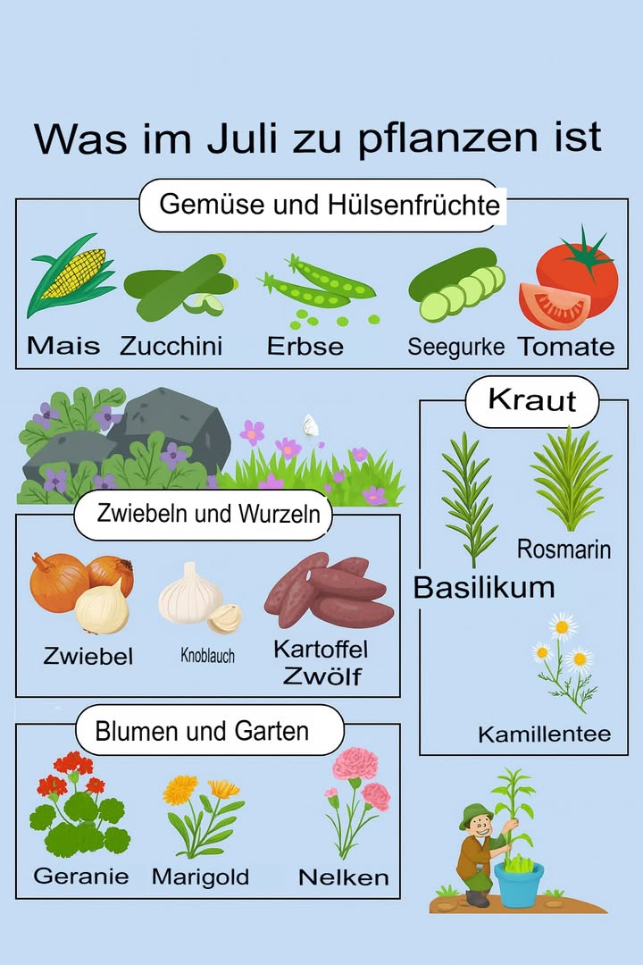Blumen, Hülsenfrüchte und Gemüse zum Pflanzen im Juli.