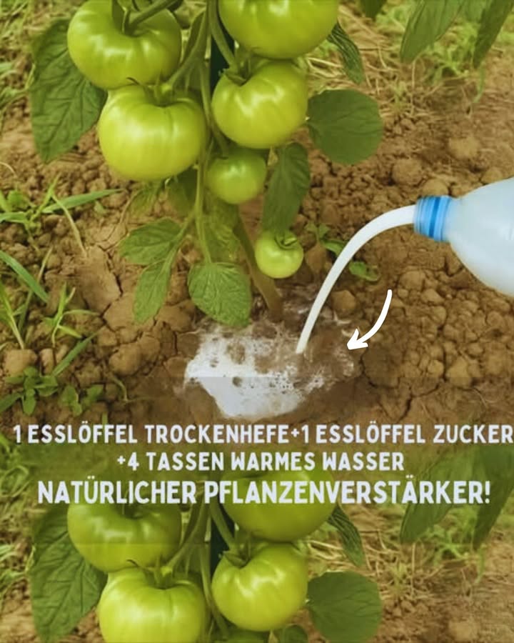 Mische 1 EL Trockenhefe  1 EL Zucker in 4 Tassen warmem Wasser.
2 Stunden stehen lassen, dann optional 1 Bananenschale pürieren und mit 5 Litern Wasser verdünnen.
Alle 15 Tage an den Wurzelbereich der Tomatenpflanzen gießen  dieser altbewährte Dünger sorgt für:
 Größere, saftigere Tomaten
 Stärkere Wurzelaktivität
 Natürlichen Kalium- und Magnesiumschub