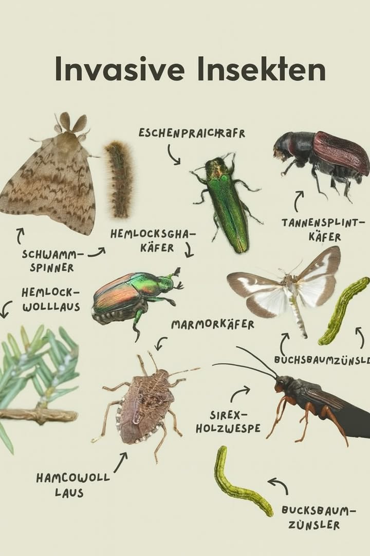 者 Invasive Insekten, die du kennen solltest! 者
Schütze deinen Garten & unsere Wälder 

Schwammspinner Lymantria dispar
 Vernichtet Laubwälder durch massives Abfressen der Blätter.
 Achte auf die behaarten Raupen!

Hemlock-Wolllaus Adelges tsugae
 Ein winziger Schädling, der Hemlocktannen durch das Aussaugen des Safts abtötet.
 Sitzt auf der Nadelunterseite  sieht aus wie Watte!

Japanischer Käfer Popillia japonica
 Frisst über 300 Pflanzenarten.
 Metallisch grüner Körper mit bronzefarbenen Flügeln  schön, aber zerstörerisch.

Eschenprachtkäfer Agrilus planipennis
 Greift Eschen an und bringt sie zum Absterben.
 Metallisch grün, richtet enorme Schäden in Wäldern an.

Kiefernsplintkäfer Tomicus piniperda
 Schädigt junge Triebe von Kiefern.
 Klein, aber gefährlich für Nadelwälder.

Buchsbaumzünsler Cydalima perspectalis
 Befällt Buchsbäume und Hecken.
曆 Sowohl die Motte als auch ihre Raupen sind invasive Bedrohungen.

Marmorierte Baumwanze Halyomorpha halys
 Dringt in Häuser ein und schädigt Feldfrüchte.
濫 Bekannt für ihren unangenehmen Geruch, wenn sie zerdrückt wird.

Holzwespe Sirex Sirex noctilio
蝹 Holzbohrender Schädling, der Kiefern abtötet.
 Spritzt einen giftigen Pilz in die Bäume.

 Warum das wichtig ist:
Invasive Insekten schädigen nicht nur Pflanzen, sondern gefährden ganze Ökosysteme, Wirtschaft und Biodiversität.

 Was du tun kannst:
 Deine Pflanzen regelmäßig kontrollieren
 Funde den lokalen Behörden melden
 Kein Feuerholz transportieren verbreitet Schädlinge!
 Heimische Arten pflanzen