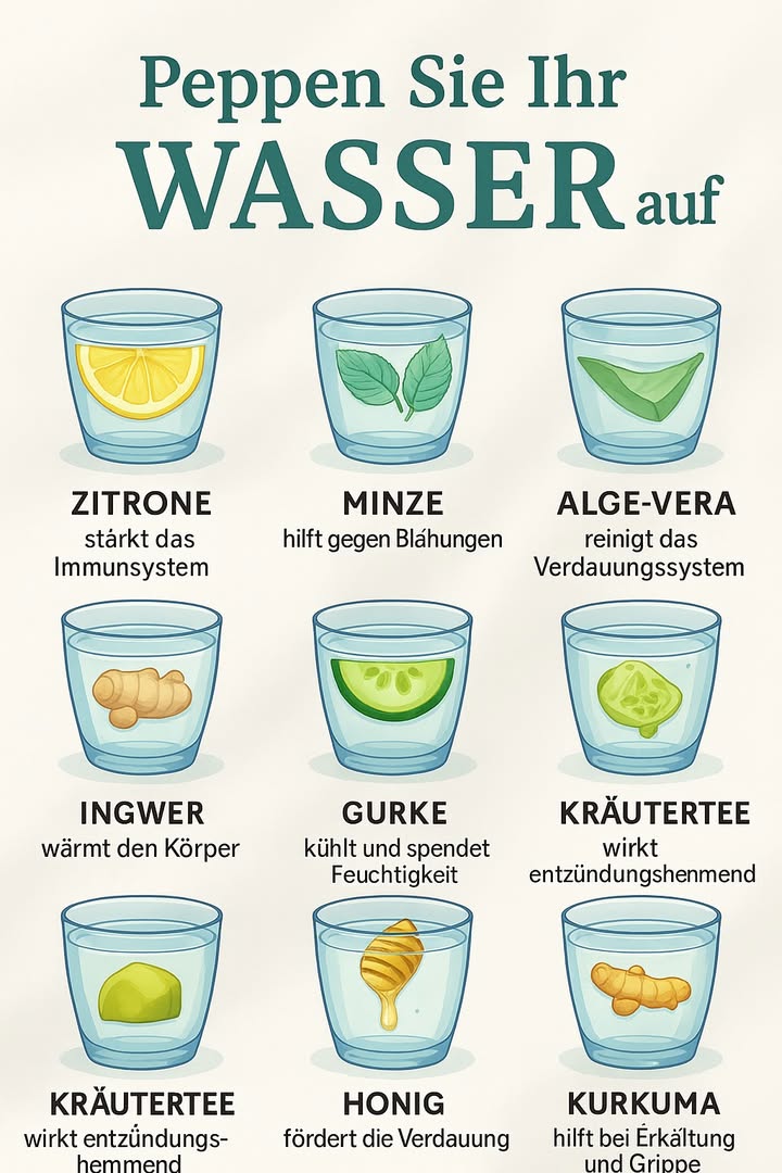 Gesünderes Wasser  Einfache Zusätze 

1 Zitrone  stärkt das Immunsystem und versorgt den Körper mit Vitamin C. Die frische Säure wirkt belebend und unterstützt die Abwehrkräfte.

2 Minze  hilft gegen Blähungen und sorgt für eine angenehme Frische. Sie wirkt kühlend und unterstützt die Verdauung.

3 Aloe Vera  reinigt das Verdauungssystem und beruhigt Magen und Darm. Sie trägt zu einer besseren inneren Balance bei.

4 Ingwer  wärmt den Körper und regt die Durchblutung an. Seine Schärfe aktiviert und wirkt wohltuend in kühleren Tagen.

5 Gurke  kühlt und spendet Feuchtigkeit. Der hohe Wasseranteil sorgt für eine leichte Erfrischung und Hydratation.

6 Kräutertee  wirkt entzündungshemmend und bringt sanfte Aromen ins Wasser. Eine gute Unterstützung für das Wohlbefinden.

7 Honig  fördert die Verdauung und gibt dem Wasser eine natürliche Süße. Er beruhigt den Magen und liefert Energie.

8 Kurkuma  hilft bei Erkältung und Grippe. Sein natürlicher Wirkstoff Curcumin unterstützt das Immunsystem und wirkt antioxidativ.

 Mit diesen einfachen Zusätzen wird Wasser zu einer Quelle von Gesundheit und Vitalität.