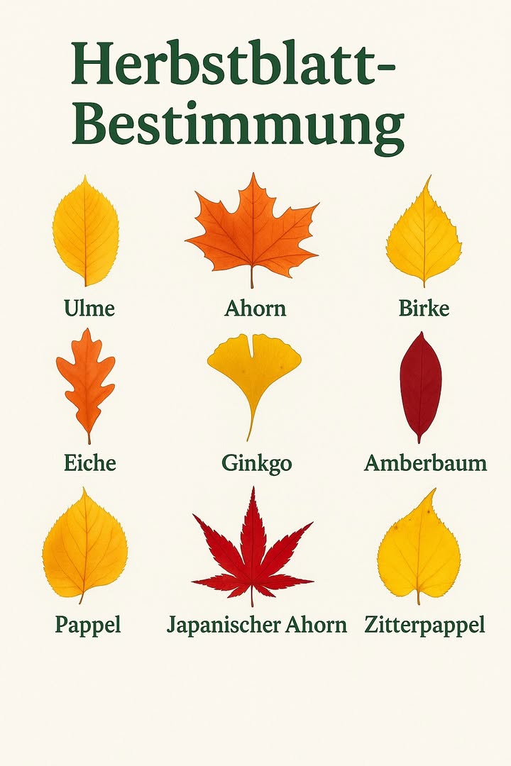 Herbstblatt-Bestimmung 

1 Ulme
Die Blätter der Ulme sind länglich-oval mit gesägtem Rand und leuchten im Herbst in sattem Gelb.

2 Ahorn
Ahornblätter sind leicht erkennbar durch ihre typische Handform mit mehreren Spitzen. Sie färben sich kräftig rot oder orange.

3 Birke
Birkenblätter sind klein, spitz zulaufend und haben feine Zacken. Im Herbst erscheinen sie in leuchtendem Goldgelb.

4 Eiche
Eichenblätter besitzen tiefe Einschnitte und wirken kräftig strukturiert. Ihre Farben reichen von Braun bis Rot.

5 Ginkgo
Das Ginkgoblatt ist fächerförmig und unverwechselbar. Im Herbst wird es intensiv gelb.

6 Amberbaum
Die Blätter des Amberbaums ähneln Ahornblättern, sind jedoch schmaler und färben sich tiefrot oder purpur.

7 Pappel
Pappelblätter sind herzförmig mit glattem Rand. Sie wechseln im Herbst von grün zu leuchtendem Gelb.

8 Japanischer Ahorn
Diese Blätter sind stark geschlitzt und wirken filigran. Sie verfärben sich intensiv rot.

9 Zitterpappel
Die Blätter der Zitterpappel sind rundlich mit flachem Rand. Ihre Färbung reicht von goldgelb bis orange.