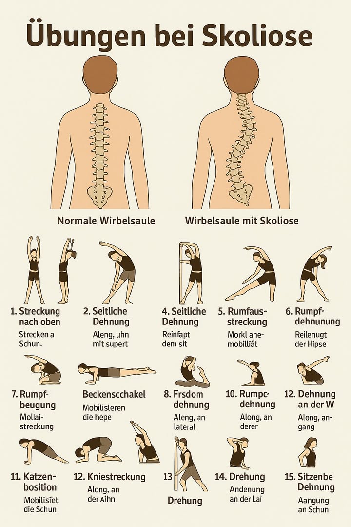 Übungen zur Verbesserung der Rückenhaltung 

1 Stehende Dehnung mit erhobenen Armen  öffnet den Brustkorb und verbessert die Ausrichtung.
2 Seitliche Neigung im Stehen  wechsle die Seiten, um die Muskulatur zu lockern.
3 Vorbeuge des Oberkörpers  entspannt Schultern und Rücken.
4 Tiefe Seitendehnung  Arme gestreckt, Oberkörper geneigt.
5 Dehnung an der Wand  Arme abgestützt, Rücken gerade.
6 Seitliche Dehnung im Sitzen  ruhige Atmung beibehalten.
7 Sanfte Drehung im Liegen  mobilisiert den Brustkorb.
8 Rumpfanhebung mit Armstütze  stärkt den unteren Rücken.
9 Katzen-Kuh-Bewegung im Vierfüßlerstand  lockert und erwärmt die Wirbelsäule.
 Drehhaltung im Liegen  entspannt den Lendenbereich.
11 Kniende Dehnung mit nach vorn gestreckten Armen  entlastet die Wirbelsäule.
12 Unterarmstütz  stärkt Bauch und Stützmuskulatur.
13 Kobra-Haltung  öffnet die Brust und dehnt den unteren Rücken.
14 Seitendehnung im Liegen  verbessert die Beweglichkeit des Brustkorbs.
15 Wanddehnung mit erhobenen Armen  aktiviert Schultern und Rücken.
16 Hüftdehnung im Sitzen  lindert Verspannungen im unteren Rücken.
17 Bauchdehnung  kräftigt die Körpermitte.
18 Hände im Nacken mit geöffneter Brust  verbessert die Atmung.
19 Dehnung im Liegen mit ausgestreckten Armen  sorgt für vollständige Entspannung.

 Regelmäßiges Üben dieser Bewegungen hilft, die Haltung zu korrigieren, die Stützmuskulatur zu stärken und die Atmung zu vertiefen.
#fblifestyle