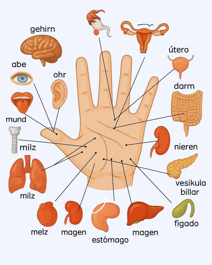 Karte der Hand, die deinem ganzen Körper hilft! 
Ich hätte nie gedacht, dass Handmassage den Magen und sogar die Nieren unterstützen kann!

Daumen:
Berühre das Gehirn, die Augen, die Ohren und den Mund. Ich habe schon oft gedrückt, ohne zu wissen, dass es für alles gilt!

Zeige- und Mittelfinger:
Punkte, die mit dem Uterus verbunden sind. Sehr hilfreich bei Menstruationsbeschwerden!

Ring- und kleiner Finger:
Verbunden mit dem Darm und den Nieren. Jetzt verstehe ich, warum es funktioniert, den kleinen Finger bei Unwohlsein zu drücken.

Daumenwurzel und die Mitte der Handfläche:
Das sind die Lunge! Tief durchatmen und hier massieren, lindert sogar den Schmerz.

Unterer Teil der Handfläche:
Hier sitzen Magen, Leber, Gallenblase und Milz. Einfach drücken und entspannen… oder zumindest versuchen!