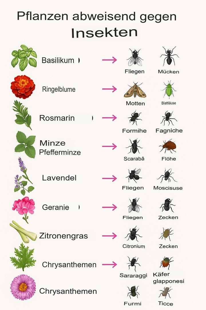 Natürlicher Insektenschutz im Garten: So machst du es richtig
Ein schöner Garten ist ein Ort der Ruhe und Freude. Mit einigen cleveren Pflanzen kannst du Insekten auf natürliche Weise fernhalten  ganz ohne chemische Pestizide. Folge diesen einfachen Schritten, um dein grünes Paradies schädlingsfrei zu halten und gleichzeitig die Umwelt zu schützen.

 Schritt 1: Wähle die richtigen Pflanzen aus
Entscheide dich für robuste, duftende Pflanzen wie Basilikum, Lavendel, Rosmarin oder Geranien. Diese Pflanzen haben natürliche abweisende Eigenschaften gegen viele Insekten wie Mücken, Zikaden und Ameisen.

 Schritt 2: Pflanze sie strategisch im Garten
Platziere die ausgewählten Pflanzen an den Eingängen, entlang der Wege oder in der Nähe von Sitzbereichen. So entsteht eine natürliche Barriere, die unerwünschte Gäste abhält.

 Schritt 3: Sorge für eine gepflegte und regelmäßige Bewässerung
Gieße deine Pflanzen regelmäßig, damit sie gesund bleiben und ihre abweisenden Eigenschaften voll entfalten können. Gesunde Pflanzen sind effektiver im Schutz gegen Insekten.

 Schritt 4: Variiere die Pflanzenarten für mehr Schutz
Mische verschiedene Pflanzen, um eine vielfältige vegetative Barriere zu schaffen. Das erhöht die Wirksamkeit und sorgt für eine schön blühende Umgebung.

 Schritt 5: Nutze zusätzlich natürliche Repellentien
Du kannst ätherische Öle aus Zitronengras oder Citronella verwenden, um noch effektiver gegen Mücken vorzugehen. Diese kannst du in Diffusoren oder in selbstgemachten Sprays verwenden.

 Schritt 6: Pflege und Kontrolle
Halte den Garten sauber, entferne abgestorbene Pflanzenteile und kontrolliere regelmäßig, ob alle Pflanzen gesund sind. So bleibt der Schutz dauerhaft effektiv.

 Schritt 7: Experimentiere und beobachte
Jeder Garten ist anders! Teste verschiedene Pflanzenkombinationen und beobachte, was am besten funktioniert. So gestaltest du dein persönliches, natürliches Schutzschild.

Mit diesen Tipps kannst du deinen Garten in eine oase der Ruhe verwandeln  schön anzusehen, umweltfreundlich und frei von unerwünschten Insekten. Viel Erfolg beim Gärtnern und viel Freude in deinem grünen Rückzugsort!