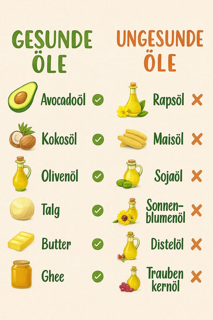 Nicht alle Öle gehören in Ihre Küche.
Öle wie Raps-, Mais- und Sojaöl werden intensiv verarbeitet und enthalten oft versteckte Schäden, die durch Hitze, Chemikalien und Oxidation verursacht werden.
Bevorzugen Sie Fette, die Ihr Körper erkennt, wie Olivenöl, Butter, Ghee und Avocadoöl.