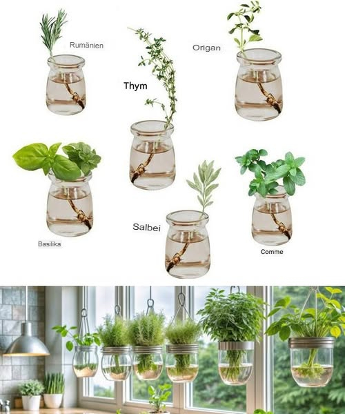 Kräuter in Wasser ziehen: 7 Sorten für dein Zuhause 

Einige Kräuter lassen sich problemlos direkt im Wasser kultivieren  ideal für kleine Räume und Küchenfensterbänke. Hier sind 7 Kräuter, die sich dafür perfekt eignen:

 Basilikum:
Einen Stängel ins Wasser stellen, regelmäßig das Wasser wechseln und auf die ersten Wurzeln warten.

 Minze:
Wächst sehr schnell im Wasser  perfekt für Tee und erfrischende Cocktails.

暈 Schnittlauch:
Einfach einen Stängel ins Wasser stellen und beobachten, wie sich rasch Wurzeln bilden.

 Rosmarin:
Ein Zweig braucht etwas länger, um Wurzeln zu bilden, wächst danach aber kräftig weiter.

 Oregano:
Einen frischen Trieb ins Wasser stellen und für ausreichend Licht sorgen, damit sich Wurzeln bilden.

 Thymian:
Benötigt etwas Geduld, entwickelt sich aber sehr gut, sobald die Wurzeln da sind.

 Salbei:
Am besten einen jungen, weichen Trieb verwenden und das Wasser regelmäßig wechseln, damit die Pflanze optimal wächst.

Diese Kräuter sind perfekt für einen pflegeleichten Indoor-Garten ganz ohne Erde  immer griffbereit, um deine Gerichte zu verfeinern!
