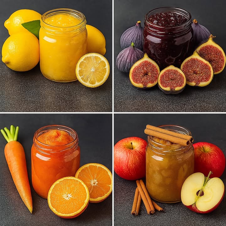 1. Hausgemachte Zitronengelee
Zutaten:

4 große Zitronen 

500 g Zucker 

1 Tasse Wasser 

1 TL Zitronenschale 

Zubereitung:

Zitronen schälen, dabei das Weiße und die Kerne vollständig entfernen.

Das Fruchtfleisch klein schneiden.

Zusammen mit den Zitronenschalen, dem Zucker und dem Wasser in einen Topf geben.

Bei niedriger Hitze 4560 Minuten köcheln lassen und gelegentlich umrühren, bis die Masse eindickt.

Noch heiß in sterilisierte Gläser füllen und gut verschließen.

 2. Feigenmarmelade
Zutaten:

1 kg reife Feigen 

700 g Zucker 

Saft von 1 Zitrone 

Zubereitung:

Feigen waschen und vierteln.

Mit Zucker und Zitronensaft in einen Topf geben.

Bei mittlerer Hitze etwa 45 Minuten köcheln lassen, gelegentlich umrühren, bis die Konsistenz passt.

Noch heiß in sterilisierte Gläser füllen und verschließen.

凌 3. Möhren-Orangen-Gelee
Zutaten:

500 g geriebene Möhren 凌

Schale und Saft von 3 Orangen 

400 g Zucker 

Zubereitung:

Möhren mit Orangensaft und -schale vermischen.

Zucker hinzufügen und 1 Stunde ruhen lassen.

Bei mittlerer bis niedriger Hitze 4560 Minuten unter ständigem Rühren kochen.

Für eine feinere Konsistenz die Mischung pürieren.

Noch heiß in saubere, sterilisierte Gläser abfüllen und verschließen.

 4. Apfel-Zimt-Gelee
Zutaten:

800 g geschälte, gewürfelte Äpfel 

500 g Zucker 

1 TL Zimt 

Saft von 1 Zitrone 

Zubereitung:

Äpfel, Zucker, Zitronensaft und Zimt in einen Topf geben.

Bei niedriger Hitze 4050 Minuten köcheln lassen, dabei regelmäßig umrühren.

Leicht zerdrücken, um eine glattere Textur zu erhalten.

Noch heiß in sterilisierte Gläser füllen.

易 Allgemeiner Tipp:
Mach den Teller-Test: Gib einen kleinen Löffel Gelee auf einen kalten Teller, warte ein paar Sekunden und zieh mit dem Finger durch. Wenn die Masse Falten wirft und nicht sofort wieder zusammenfließt, ist sie fertig!