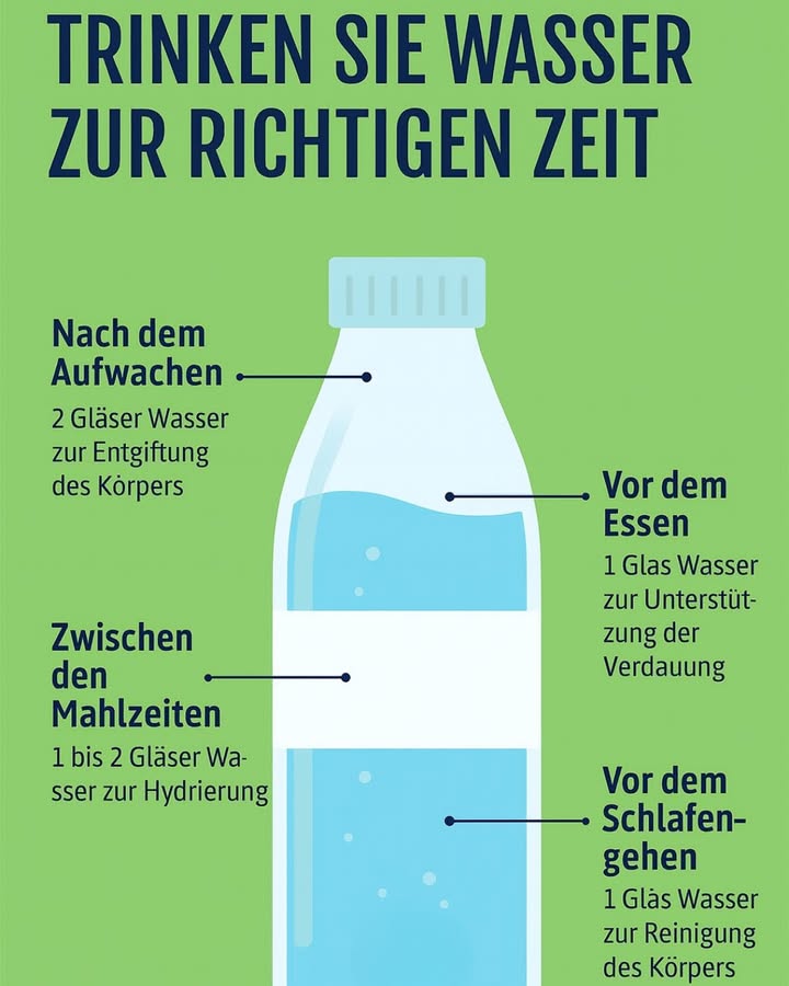 Wassertrinken im Alltag  So bleibst du gut hydriert

1 Beginne den Tag mit Wasser
Kurze Erklärung: Gleich nach dem Aufwachen 12 Gläser Wasser trinken hilft, den Stoffwechsel anzukurbeln und den Körper nach dem Schlaf zu rehydrieren.

2 Vor jedem Essen ein Glas
Kurze Erklärung: 1 Glas Wasser ca. 30 Minuten vor einer Mahlzeit bereitet den Magen vor und kann helfen, das Hungergefühl besser zu regulieren.

3 Trinke während und nach dem Training
Kurze Erklärung: Vor dem Training ein Glas Wasser, während des Trainings alle 1520 Minuten kleine Schlücke und nach dem Training ausreichend Flüssigkeit zuführen, um verlorene Feuchtigkeit zu ersetzen.

4 Wasser über den Tag verteilen
Kurze Erklärung: Halte eine Wasserflasche griffbereit und trinke regelmäßig, auch wenn du keinen Durst hast, um eine gleichmäßige Hydration sicherzustellen.

5 Vor dem Schlafengehen noch einen Schluck
Kurze Erklärung: Ein kleines Glas Wasser vor dem Zubettgehen kann helfen, nächtlich verlorene Flüssigkeit auszugleichen, ohne zu oft aufstehen zu müssen.

6 Beliebte Größen und Ziele festlegen
Kurze Erklärung: Eine grobe Orientierung sind 23 Liter pro Tag, angepasst an Alter, Aktivität, Klima und Gesundheitszustand. Ob Frauen oder Männer: Die individuellen Bedürfnisse können variieren.

7 Woran erkennst du, dass du mehr trinken solltest?
Kurze Erklärung: Durst ist nicht der verlässlichste Indikator. Achte auf Anzeichen wie trockene Mundschleimhäute, dunkler Urin, Müdigkeit, Schwindel oder trockene Haut.

8 Tipps, die das Trinken erleichtern
Kurze Erklärung:

Eine wiederverwendbare Flasche mitnehmen und befüllen.
Erinnerungen setzen oder Apps verwenden.
Wasser aromatisieren Zitrone, Minze, Gurke oder warme Kräutertees genießen.
Obst und Gemüse mit hohem Wassergehalt essen Melone, Gurke, Tomate.
Schlusswort
Bleib dran und finde deine persönliche Routine  dein Körper wird es dir danken. Viel Erfolg beim hydratisiert Bleiben!