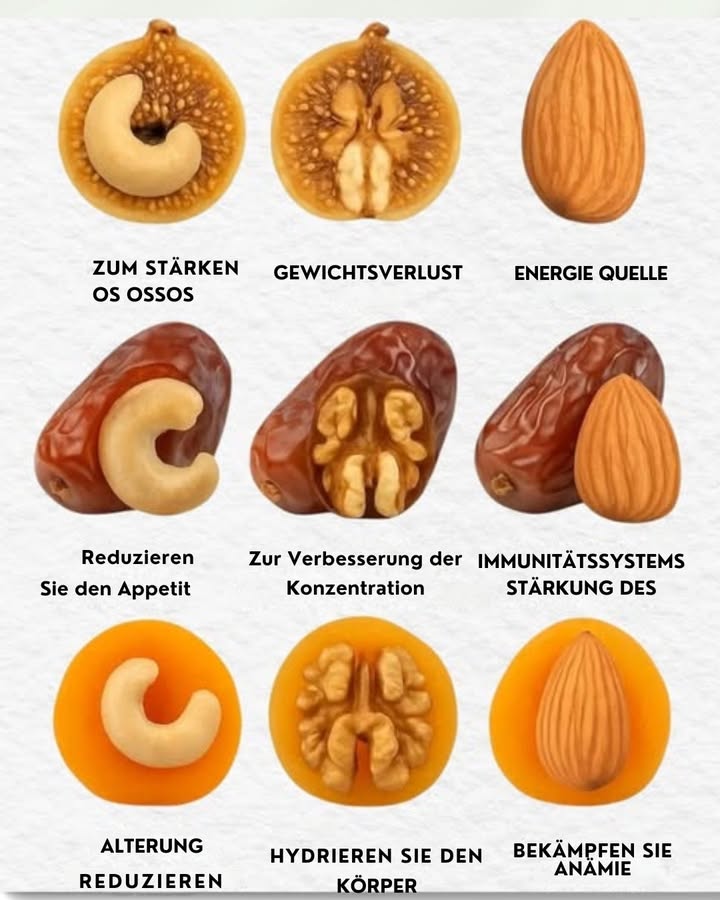 省 Vorteile von Trockenfrüchten mit Ölsaaten 樂.
1 Feigen  Cashewnüsse – stärken die Knochen und helfen, ein ausgeglichenes Gewicht zu halten.
2 Feigen  Walnüsse – verleihen neue Energie und fördern die Konzentration.
3 Feigen  Mandeln – stimulieren das Immunsystem.
4 Datteln  Cashewnüsse – senken auf natürliche Weise das Hungergefühl.
5 Datteln  Walnüsse – verbessern das Gedächtnis und die Konzentrationsfähigkeit.
6 Datteln  Mandeln – unterstützen die natürlichen Abwehrkräfte des Körpers.
7 Getrocknete Aprikosen  Cashewnüsse – tragen zur Vorbeugung von Anämie bei.
8 Getrocknete Aprikosen  Walnüsse – fördern einen guten Wasserhaushalt des Körpers.
9 Getrocknete Aprikosen  Mandeln – tragen dazu bei, die Zeichen vorzeitiger Alterung zu begrenzen.
 Leckere und gesunde Kombinationen für Energie, Immunität und Wohlbefinden im Alltag.
#fblifestyle