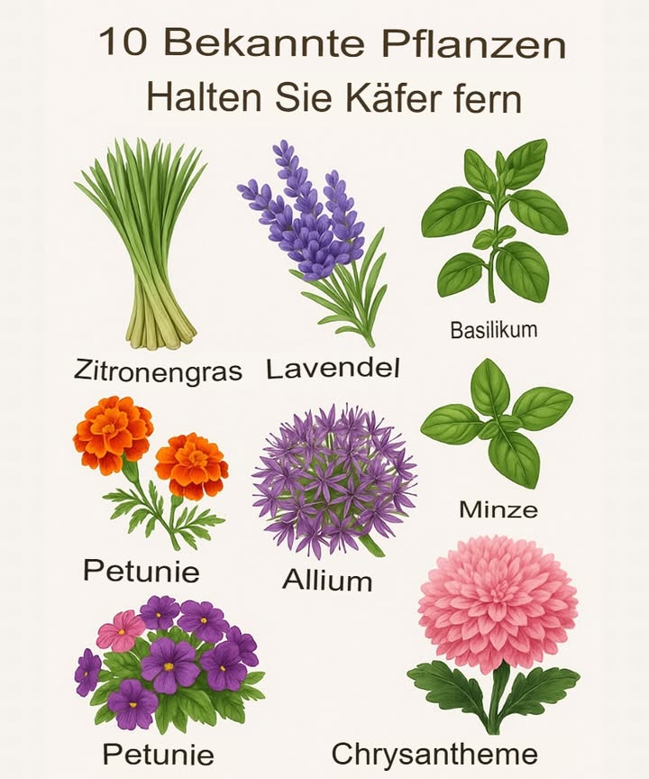 10 Natürliche Pflanzen zur Abwehr von Insekten für einen gesünderen Garten

Zitronengras
Zitronengras, bekannt für seinen Gehalt an Zitronenverbene, hält Mücken auf natürliche Weise fern. Pflanzen Sie es in Gärten oder Töpfen in der Nähe von Sitzbereichen, um von seinen schützenden Eigenschaften zu profitieren.

Lavendel
Mit seinem starken blumigen Duft hält Lavendel Mücken, Fliegen und Motten fern. Er fördert auch Entspannung und kann in Ölen verwendet oder getrocknet werden, um Innenräume zu erfrischen.

Basilikum
Über den Einsatz in der Küche hinaus dient Basilikum als wirksames Abwehrmittel gegen Mücken, Fliegen und einige Käfer, dank seines intensiven Duftes.

Minze
Das starke Aroma von Minze vertreibt Ameisen, Mücken und Fliegen. Da sie sich aggressiv ausbreitet, ist es am besten, sie in Töpfen zu ziehen.

Ringelblumen
Diese leuchtenden Blumen produzieren Pyrethrum, ein natürliches Insektizid, das ideal ist, um Mücken, Blattläuse und sogar Kaninchen in Gemüsegärten abzuwehren.

Petunien
Oft als “natürliches Pestizid” bezeichnet, vertreiben Petunien Blattläuse, Käfer und Kürbiswanzen und verschönern mit ihren bunten Blüten Gartenbeete.

Allium-Pflanzen
Knoblauch, Zwiebeln und Schnittlauch gehören zur Familie der Allium-Pflanzen und sind hervorragend geeignet, um Schädlinge wie Blattläuse, Kohlwürmer und Schnecken fernzuhalten, dank ihrer Schwefelverbindungen.

Chrysanthemen
Reich an Pyrethrinen, vertreiben Chrysanthemen eine Vielzahl von Insekten, einschließlich Ameisen, Zecken, Flöhe und Kakerlaken. Ihre natürlichen insektiziden Eigenschaften werden auch in kommerziellen Sprays verwendet.

Rosmarin
Sowohl kulinarisch als auch schützend, hält Rosmarin Mücken, Kohlmotten und Karottenfliegen fern. Er gedeiht sowohl in Töpfen als auch im Freiland.

Citronella-Gras
Ein starker Mückenschutz, Citronella-Gras wird oft in Insektenschutzprodukten verwendet und ist perfekt, um es rund um Terrassen oder Wege zu pflanzen.

Zusätzliche Tipps für natürliche Schädlingsbekämpfung

Pflanzen Sie in der Nähe von stark frequentierten Außenbereichen für maximale Wirkung.

Kombinieren Sie verschiedene Arten, um vor mehreren Insektenarten zu schützen.

Verwenden Sie extrahierte Öle dieser Pflanzen für selbstgemachte Abwehrmittel.

Schneiden und pflegen Sie die Pflanzen regelmäßig für eine anhaltende Wirksamkeit.

Die Integration dieser Pflanzen in Ihre Landschaft bietet eine natürliche Möglichkeit, einen schädlingsresistenten, lebendigen und duftenden Garten zu genießen  ganz ohne den Einsatz scharfer Chemikalien.