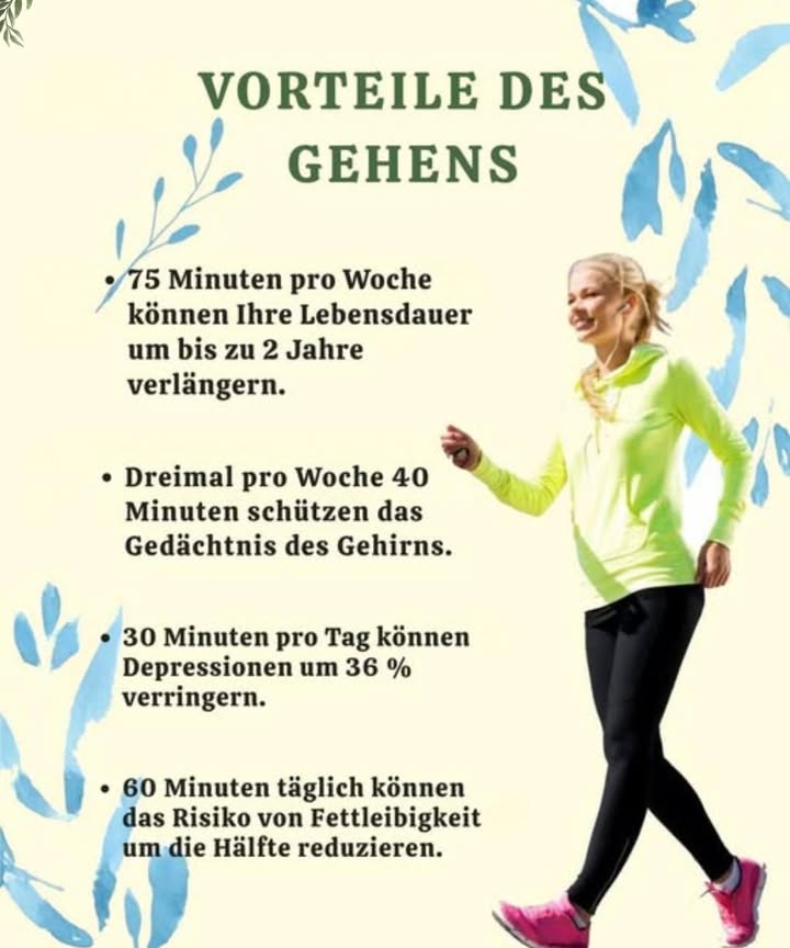 Spazierengehen ist eine der zugänglichsten und gesundheitsförderndsten Bewegungsformen, ganz ohne spezielle Ausrüstung oder Kosten . Hier sind die zahlreichen Vorteile:
Physische Vorteile:
1. Herz-Kreislauf-Gesundheit 
   – Reduziert das Risiko von Herzkrankheiten, Schlaganfällen und Bluthochdruck
   – Fördert die Durchblutung und den Lymphfluss
   – Senkt den Blutdruck und Cholesterinspiegel
   – Stärkt Herz und Lunge, erhöht die aerobe Kapazität und Ausdauer
2. Gewichtskontrolle 
   – Verbrennt Kalorien und Fett, hilft beim Erreichen oder Erhalten eines gesunden Gewichts
   – Beschleunigt den Stoffwechsel
   – Kann den Bauchumfang reduzieren
3. Knochen- und Muskelstärkung 
   – Präventiert und bekämpft Osteoporose durch stärkere Knochen und höhere Knochendichte
   – Schützt Gelenke, besonders Knie und Hüften
   – Stärkt die Muskeln insgesamt
4. Verbesserung der Verdauung 
   – Unterstützt einen besseren Verdauungsprozess und beugt Magenproblemen vor
5. Blutzuckerregelung 
   – Verbessert die Glukosetoleranz und hilft, den Blutzuckerspiegel zu kontrollieren
6. Augengesundheit 
   – Reduziert den Druck in den Augen, was das Risiko auf Glaukom mindert
7. Immunsystem 
   – Stärkt das Abwehrsystem, hilft Krankheiten vorzubeugen, Symptome bei Erkältung oder Grippe sind milder
8. Symptomlinderung bei Schwellungen 
   – Verringert Schwellungen in Beinen und Knöcheln durch bessere Durchblutung und Lymphfluss
Mentale und emotionale Vorteile:
1. Verbesserung der Stimmung 
   – Reduziert Stress, Angst und depressive Gefühle
   – Fördert die Ausschüttung von Glückshormonen wie Endorphinen
2. Geistige Frische 易
   – Verbessert die Gehirnfunktion, beugt frühzeitiger Demenz vor
   – Schützt Gedächtnis und Lernzentren
   – Klärt den Geist und fördert die Reflexion
3. Besserer Schlaf 
   – Unterstützt den Einstieg in einen tiefen Schlaf und sorgt für längere Perioden
   – Verringert Schmerzen und Stress, die den Schlaf stören können
4. Mehr Energie 
   – Gegen Müdigkeit, fördert ein aktiveres Gefühl den ganzen Tag
5. Soziale Kontakte 欄
   – Bietet die Gelegenheit, mit Freunden oder in Gruppen zu spazieren
Allgemeine Tipps fürs Gehen:
 Regelmäßigkeit: Mindestens 30 Minuten täglich in moderatem Tempo walken. Kurze Spaziergänge zwischendurch sind ebenfalls vorteilhaft.
 Zielsetzung: Für größere Vorteile mindestens 7000 Schritte täglich oder 150 Minuten pro Woche gehen.
 Technik: Kopf hoch, Blick nach vorne, auf die Haltung achten.
 Aufwärmen und Abkühlen: Vor und nach dem Gehen dehnen.
 Hydratation: Ausreichend Wasser trinken.
 Sicherheit: Über Route und Zeit informieren, bei Dunkelheit helle oder reflektierende Kleidung tragen, auf die Umgebung achten.
Spazierengehen ist eine großartige Möglichkeit, körperlich und geistig auf einfache, zugängliche und kostenfreie Weise fit zu bleiben.