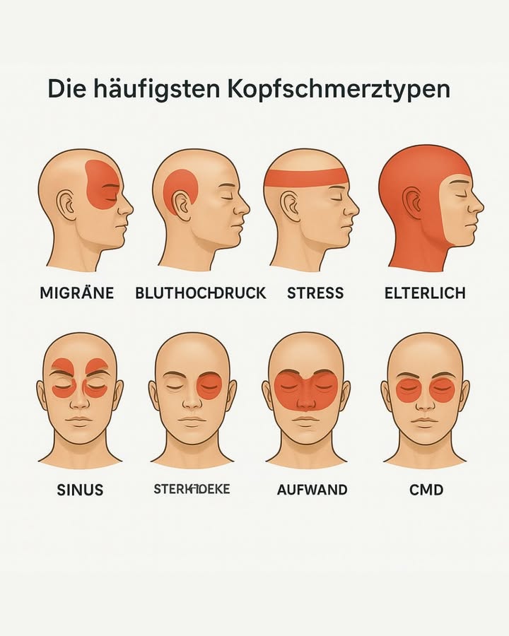 Arten von Kopfschmerzen & Wo sie auftreten 洛
1 Migräne
 Bereich: Eine Seite, Auge/Schläfe

 Schmerz: Pulsierend, stark

濫 Begleiter: Übelkeit, Licht- & Geräuschempfindlichkeit

易 Auslöser: Stress, Hormone, Schlafmangel

2 Bluthochdruck-Kopfschmerz
 Bereich: Hinterkopf, morgens schlimmer

喙 Schmerz: Dumpf, pulsierend

 Hinweis: Blutdruck kontrollieren lassen!

3 Spannungskopfschmerz
 Bereich: Stirn, Schläfen, Hinterkopf

 Schmerz: Drückend, wie ein Band um den Kopf

 Ursachen: Stress, Bildschirmarbeit, falsche Haltung

4 Halswirbelsäulen-Kopfschmerz HWS
 Bereich: Nacken bis ganzer Kopf

 Begleiter: Erschöpfung, Schwindel

 Lösung: Wärme, Bewegung, Dehnübungen

5 Sinusitis Nasennebenhöhlenentzündung
 Bereich: Stirn, Wangen, Augen

蠟 Symptome: Druck, verstopfte Nase, Fieber

 Tipp: Inhalieren, Nasenspülung

6 Cluster-Kopfschmerz
 Bereich: Hinter einem Auge

 Schmerz: Extrem stechend, nachts

 Begleiter: Tränen, gerötetes Auge, verstopfte Nase

 Wichtig: Arzt aufsuchen  selten, aber sehr stark!

7 Anstrengungskopfschmerz
 Bereich: Ganzer Kopf

 Auslöser: Sport, körperliche Belastung

 Tritt plötzlich auf  bei Wiederholung zum Arzt

8 Kiefergelenk-Kopfschmerz CMD/ATM
 Bereich: Schläfen, Kiefer, Ohren

醴 Symptome: Kieferknacken, Kaubeschwerden

 Ursache: Zähneknirschen, Fehlbiss, Stress

 Sofort zum Arzt bei:
Plötzlicher, starker Schmerz 

Sehstörungen, Taubheitsgefühl 

Nackensteifigkeit, Fieber 裸

Veränderungen in Art & Intensität der Schmerzen