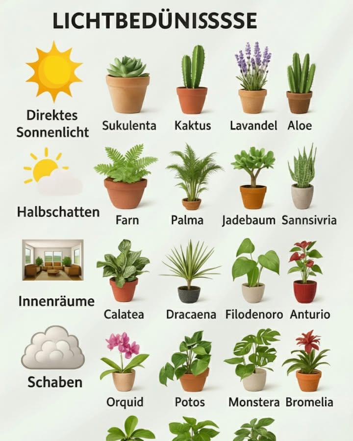 Lichtbedarf für Pflanzen 

1 Direkte Sonne 
Sukkulenten, Kakteen, Lavendel und Aloe wachsen am besten in voller Sonne.

2 Teilweise Sonne 
Farne, Palmen, Jade und Georgsschwert mögen mäßiges Licht und vermeiden starke Mittagssonne.

3 Innenbereich .
Calathea, Dracaena, Philodendron und Anthurium sind perfekt für Innenräume mit gefiltertem Licht.

4 Schatten 
Orchideen, Zamioculca, Monstera und Bromelien bevorzugen kühle, schattige Plätze.

 Die Beachtung der Lichtbedürfnisse der einzelnen Pflanzen verhindert das Welken, stärkt die Blätter und fördert eine gesunde Blüte.