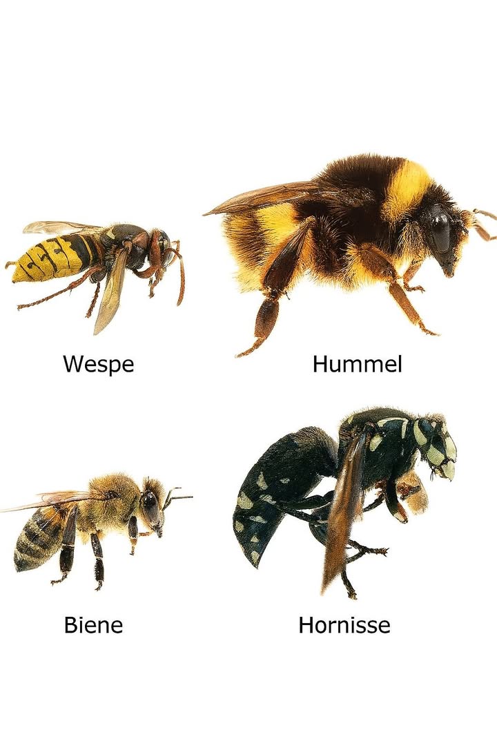 Kennst du die Summer?  Bienen, Wespen & Hornissen erkennen und verstehen 

Hier ist ein kurzer Überblick, wie du die häufigsten summenden Insekten unterscheiden kannst  und wie du sicher bleibst:

 Hummel:
Aussehen: Groß, rund und flauschig mit schwarzen und gelben Streifen.
Verhalten: Friedlich und fleißig beim Bestäuben. Stechen nur, wenn sie bedroht werden oder ihr Nest in Gefahr ist.

 Honigbiene:
Aussehen: Kleiner als Hummeln, goldbraun mit schwarzen Streifen, leicht behaart.
Verhalten: Lebenswichtige Bestäuber! Können stechen, aber nur einmal  der Stich ist für sie tödlich. Verteidigen ihr Nest, aber sind sonst eher ruhig.

 Deutsche Wespe z. B. Gemeine oder Deutsche Wespe:
Aussehen: Glatter Körper, auffällig gelb-schwarz gestreift, schlanker als Bienen.
Verhalten: Deutlich aggressiver, besonders in der Nähe von Essen oder Nestern oft im Boden. Können mehrfach stechen  bekannte Plagegeister beim Picknick!

 Hornisse z. B. Kahlgesicht-Hornisse:
Aussehen: Groß, mit schwarzen und weißen nicht gelben Mustern, glatter Körper.
Verhalten: Sehr angriffslustig, wenn ihr Nest gestört wird. Bauen papierartige Nester in Bäumen oder Sträuchern. Können mehrfach stechen.

 Tipp:
Beobachte diese faszinierenden Insekten lieber aus der Ferne  sie sind wichtig für unser Ökosystem, aber verdienen Respekt und Abstand!