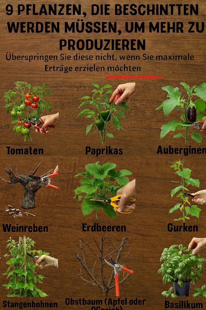 Hier sind 9 Pflanzen, die unbedingt beschnitten werden müssen, um mehr Ertrag zu bringen  inklusive Warum und Was genau beschnitten werden sollte:

Tomaten 
 Warum: Besserer Luftstrom, geringeres Krankheitsrisiko, mehr Energie für die Fruchtbildung.
 Was schneiden: Geiztriebe zwischen Hauptstamm und Blattansatz und vergilbte Blätter im unteren Bereich.

Paprika & Chili 
 Warum: Fördert die Verzweigung und eine bessere Fruchtbildung.
 Was schneiden: Die Spitze junger Pflanzen bei 1520 cm Höhe abknipsen, später dichte Blätter im Inneren auslichten.

Auberginen 
 Warum: Weniger, dafür größere Früchte; bessere Belüftung.
 Was schneiden: Untere Blätter, Seitentriebe und Geiztriebe, sobald Früchte erscheinen.

Weinreben 
 Warum: Starker Rückschnitt verbessert die Traubenqualität.
 Was schneiden: Im Winter ca. 90 % des alten Holzes entfernen, nur 12 Haupttriebe stehen lassen.

Erdbeeren einmaltragende Sorten 
 Warum: Reduziert Ausläufer, stärkt das Herz der Pflanze.
 Was schneiden: Nach der Ernte Ausläufer entfernen, alte Blätter im Herbst oder zeitigen Frühjahr abschneiden.

Gurken besonders bei Platzmangel oder vertikalem Anbau 勒
 Warum: Fördert die Fruchtentwicklung und Luftzirkulation.
 Was schneiden: Untere Blätter und Seitentriebe unterhalb der ersten 57 Blattachseln.

Stangenbohnen 
 Warum: Energie wird stärker in die Hülsen geleitet  besonders bei dichtem Wuchs.
 Was schneiden: Triebspitzen, wenn die Pflanze die Oberkante des Rankgitters erreicht; stark verfilzte Triebe ausdünnen.

Obstbäume z. B. Apfel, Pfirsich, Feige 
 Warum: Formt den Baum, lässt mehr Licht an die Früchte und beugt Krankheiten vor.
 Was schneiden: Während der Ruhezeit kreuzende Äste, schwache oder nach innen wachsende Zweige entfernen.

Basilikum & andere Kräuter Minze, Oregano 
 Warum: Verhindert Blütenbildung, regt das Blattwachstum an.
 Was schneiden: Regelmäßig Blütenansätze und die oberen 25 cm der Triebe abzupfen.

Mit regelmäßigem und gezieltem Rückschnitt kannst du gesündere Pflanzen und reichere Ernten erzielen!
