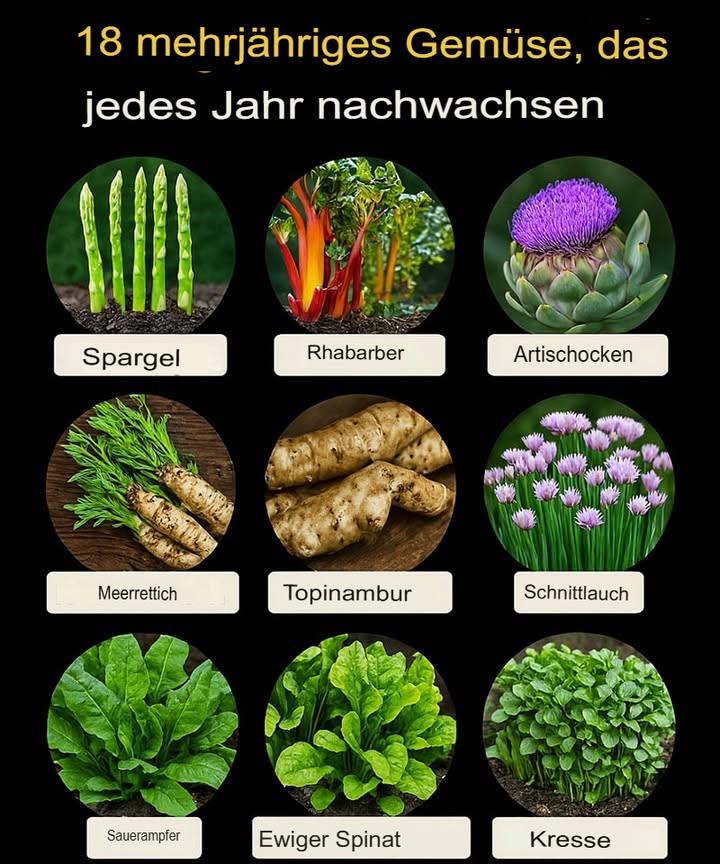 Stell dir einen Garten vor, der Jahr für Jahr Erträge liefert  ganz ohne jedes Frühjahr neu pflanzen zu müssen. 
 Die besten mehrjährigen Gemüsearten zum Anbauen! 

Spargel  Pflanze die Wurzelstöcke 2025 cm tief in gut durchlässigen Boden an einem sonnigen Standort. Ab dem zweiten Jahr kannst du jedes Frühjahr junge Triebe ernten.

Rhabarber  Setze die Wurzeln im frühen Frühling in nährstoffreichen, frischen Boden. Ernte ab dem zweiten Jahr nur die Stiele  die Blätter sind giftig.

Artischocken  Gedeihen in gemäßigtem Klima und fruchtbarem Boden. Ernte die Knospen vor dem Aufblühen für den besten Geschmack.

Meerrettich  Pflanze ihn an einem sonnigen Platz und ernte die Wurzeln im Herbst für ein intensives Aroma.

Topinambur  Pflanze die Knollen in sandigen Boden an einem sonnigen Ort; ernte im Herbst, nachdem die Pflanzen abgestorben sind.

Winterheckenzwiebel Lauchzwiebel  In gut durchlässigem Boden und voller Sonne; die Blätter können jederzeit geschnitten werden.

Sauerampfer  Liebt feuchten, durchlässigen Boden; regelmäßig die jungen Blätter ernten.

Guter Heinrich  Bevorzugt nährstoffreichen, gut durchlässigen Boden und halbschattige Standorte; im Frühling und Frühsommer Blätter schneiden.

Ewige Zwiebeln Etagenzwiebeln  Pflegeleicht in sonnigem, gut durchlässigem Boden; nutze die Blätter oder ernte die kleinen Brutknollen.

Liebstöckel  Gedeiht in voller Sonne oder Halbschatten; Blätter und Stängel nach Bedarf verwenden.

Meerkohl  Bevorzugt sandigen, gut drainierten Boden; die Triebe im Frühjahr bleichen oder reife Blätter nutzen.

Mehrjähriger Kohl  Wächst in fruchtbarem Boden mit viel Sonne; regelmäßig Blätter ernten fördert neues Wachstum.

Zuckerwurz Skirret  Mag feuchten, nährstoffreichen Boden mit Sonne oder Halbschatten; Wurzeln im Spätherbst oder Winter ernten.

Ewiger Spinat Baumspinat  Bevorzugt gut durchlässigen Boden; die Blätter regelmäßig pflücken.

Baumkohl Kohlbaum  Wächst gut in gemäßigtem Klima und nährstoffreichem Boden; Blätter nach Bedarf ernten.

Taglilien  Anspruchslos, wachsen in jedem Boden mit viel Sonne; nutze junge Triebe oder ungeöffnete Knospen in der Küche.

Chinesische Artischocken  Pflanze sie in leichten, durchlässigen Boden; ernte die Knollen im Spätherbst oder Winteranfang.

Brunnenkresse  Wächst in seichtem Wasser oder sehr feuchtem Boden; Blätter regelmäßig für Salate schneiden.

Ein solcher Garten ist nicht nur pflegeleicht, sondern auch nachhaltig  und schenkt dir Jahr für Jahr frische Ernte.
