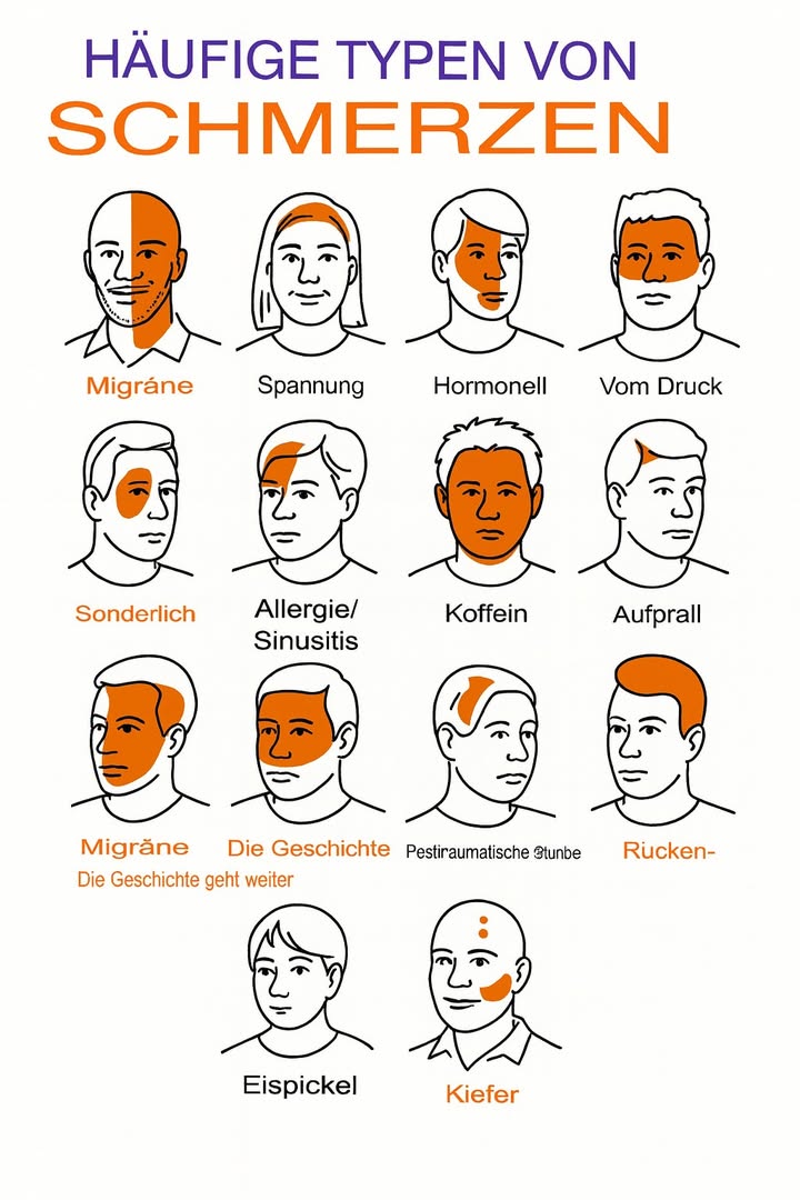 15 Häufige Arten von Kopfschmerzen  Erkennen und Richtig Behandeln 

Einführung

Lerne, die 15 häufigsten Arten von Kopfschmerzen zu unterscheiden  von pulsierenden bis zu plötzlich auftretenden Schmerzen. Diese Übersicht hilft dir, Symptome, Ursachen und effektive Strategien zu verstehen, um Schmerzen natürlich und bewusst zu lindern.

Übersicht: 15 häufige Kopfschmerztypen

1 Migräne  Pulsierender Schmerz meist einseitig, oft um das Auge herum.
2 Spannungskopfschmerz  Druckgefühl an Stirn oder Nacken.
3 Hormoneller Kopfschmerz  Hängt mit dem Menstruationszyklus zusammen, meist einseitig.
4 Anstrengungskopfschmerz  Nach körperlicher Belastung, betrifft den gesamten Kopf.
5 Clusterkopfschmerz  Stechende Schmerzen um ein Auge, treten in Phasen auf.
6 Sinus- oder Allergiekopfschmerz  Druck auf Wangen, Augen und Stirn.
7 Koffein-Kopfschmerz  Durch Übermaß oder Entzug von Koffein ausgelöst.
8 Medikamentenübergebrauchskopfschmerz  Diffuser Schmerz durch zu häufige Einnahme von Schmerzmitteln.
9 Chronische einseitige Migräne  Anhaltender Schmerz auf einer Seite über Tage hinweg.
 Bluthochdruckkopfschmerz  Druckschmerz beidseitig oder im Hinterkopf.
11 Posttraumatischer Kopfschmerz  Lokalisierter Schmerz nach einem Schlag oder Trauma.
12 Liquordruckkopfschmerz  Vom Nacken ausgehend, verursacht durch Veränderung des Hirnflüssigkeitsdrucks.
13 Donnerschlag-Kopfschmerz  Plötzlicher, extremer Schmerz, medizinischer Notfall.
14 Eisstich-Kopfschmerz  Kurz, scharf, punktuell auftretender Schmerz.
15 Kiefergelenkskopfschmerz CMD  Schmerz an Schläfe und Kiefer.

Schritt-für-Schritt-Anleitung zur Erkennung

1 Notiere Beginn, Dauer und Zeitpunkt des Schmerzes.
2 Bestimme die genaue Lokalisation: Stirn, Schläfe, Nacken, Augen, Kiefer.
3 Beobachte die Art des Schmerzes: pulsierend, drückend, stechend oder konstant.
4 Achte auf Auslöser: Stress, Zyklus, körperliche Belastung, Koffein.
5 Erfasse Begleitsymptome: Übelkeit, tränende Augen, Muskelverspannung.
6 Prüfe Häufigkeit: gelegentlich, täglich, zyklisch.
7 Beobachte die Wirkung von Maßnahmen: Schmerzmittel, Ruhe, Flüssigkeitszufuhr.

Ein Kopfschmerztagebuch hilft, Muster und Ursachen besser zu erkennen.

Häufige Fehler und wie man sie vermeidet

 Migräne mit Spannungskopfschmerz verwechseln: Migräne ist meist pulsierend und einseitig.
 Zu viele Schmerzmittel: Kann Kopfschmerz durch Übergebrauch verursachen.
 Nur Medikamente verwenden: Lebensstil, Stress und Ernährung ebenfalls prüfen.
 Warnsignale ignorieren: Plötzliche, starke Schmerzen Donnerschlag sind ein Notfall.
 Hormonelle Faktoren übersehen: Besonders bei Frauen während des Zyklus wichtig.

Vorteile eines bewussten Umgangs

 Zielgerichtete Vorbeugung
 Weniger Schmerzepisoden und geringere Intensität
 Weniger unnötige Medikamente
 Bessere Lebensqualität und weniger Angst
 Individuelle Strategien  etwa für Stress, Haltung oder Koffeinkonsum

Saisonale und regionale Tipps

 Heiße oder trockene Klimazonen: Tägliche Flüssigkeitszufuhr erhöhen.
 Regionen mit Pollenbelastung: Nasenspülung und saubere Raumluft gegen Allergie- und Sinuskopfschmerzen.
 Kalte Winter mit Heizungsluft: Auf Luftfeuchtigkeit und entspannte Haltung achten.
 Schnelle Wetterwechsel: Luftdruckveränderungen können Kopfschmerzen auslösen  Schutz durch Brille oder Filter hilfreich.