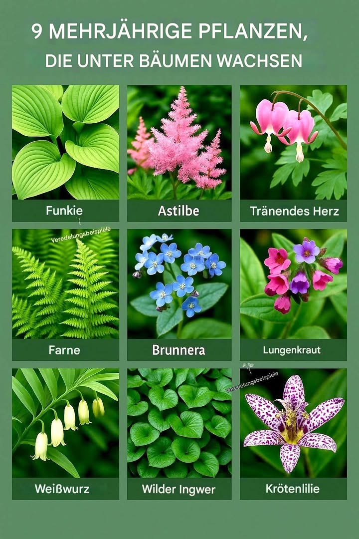 9 Mehrjährige Pflanzen für schattige Plätze unter Bäumen 

1 Funkie
Robuste Blattschmuckpflanze mit dekorativen grünen oder bunt panaschierten Blättern, die sich ideal für schattige Bereiche eignet.

2 Astilbe
Pflanze mit zarten, gefiederten Blütenständen in kräftigen Farben, die Schatten gut verträgt und Farbe in dunkle Gartenbereiche bringt.

3 Tränendes Herz
Zarte Staude mit auffälligen herzförmigen Blüten, die im Frühjahr für romantische Akzente im Schatten sorgt.

4 Farne
Pflegeleichte Pflanzen mit fein gegliedertem Laub, die in feuchten und schattigen Standorten zuverlässig gedeihen.

5 Brunnera
Bekannt für ihre himmelblauen Blüten und herzförmigen Blätter, die auch unter großen Bäumen attraktive Bodendecker bilden.

6 Lungenkraut
Eine früh blühende Pflanze mit mehrfarbigen Blüten, die Bienen und andere Insekten anzieht und den Boden bedeckt.

7 Weißwurz
Staude mit hängenden weißen Blüten, die Schatten liebt und eine elegante Unterpflanzung darstellt.

8 Wilder Ingwer
Bodenbedeckende Pflanze mit dekorativen herzförmigen Blättern, ideal zur Unterpflanzung von Gehölzen.

9 Krötenlilie
Exotische Staude mit einzigartigen, gefleckten Blüten, die in halbschattigen bis schattigen Lagen zur Geltung kommt.

 Mit diesen Stauden lassen sich auch unter Bäumen pflegeleichte und attraktive Gartenbereiche gestalten.