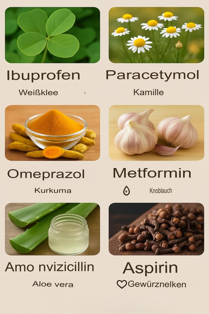 Eine gründliche Analyse der gängigsten natürlichen Inhaltsstoffe und Medikamente

Das Bild zeigt eine Reihe bekannter Substanzen, darunter einige weit verbreitete Medikamente und die natürlichen Inhaltsstoffe oder Pflanzen, mit denen sie verbunden sind, sowohl in Bezug auf ihre Ursprünge als auch ihre traditionellen Anwendungen. Diese Elemente reichen von Schmerzmitteln, entzündungshemmenden Mitteln und Verdauungshilfen bis hin zu Antibiotika. Lassen Sie uns jedes Element detailliert untersuchen und die Verbindungen zwischen Pflanzen und modernen Medikamenten herausstellen.

Ibuprofen  Weißklee
Beschreibung und Anwendung:
Ibuprofen ist ein häufig verwendetes nichtsteroidales Antirheumatikum NSAID, das zur Fiebersenkung, Schmerzlinderung und Entzündungshemmung eingesetzt wird. Es ist in vielen rezeptfreien Medikamenten wie Advil und Motrin enthalten. Obwohl es im Labor synthetisiert wird, sind seine Ursprünge mit natürlichen Verbindungen verbunden, die entzündungshemmende Eigenschaften haben.

Natürliche Verbindung:
Im Bild wird der Weißklee dargestellt, eine Pflanze, die oft mit traditionellen natürlichen Heilmitteln gegen Schwellungen und Schmerzen in Verbindung gebracht wird. Auch wenn Ibuprofen synthetisiert wird, sind die entzündungshemmenden Eigenschaften von Pflanzen wie Weißklee ein grundlegender Bestandteil der Studien zur Entwicklung von Arzneimitteln, was diese Assoziation symbolisch für die Rolle der Pflanzen in der Entzündungsbehandlung macht.

Paracetamol  Gänseblümchen
Beschreibung und Anwendung:
Paracetamol, auch bekannt als Acetaminophen, ist ein weit verbreitetes Schmerzmittel und fiebersenkendes Mittel, das bei der Linderung von leichten bis mäßigen Schmerzen und zur Fiebersenkung eingesetzt wird.

Natürliche Verbindung:
Die Gänseblümchen im Bild erinnern an Kamille und andere ähnliche Blumen, die in der Volksmedizin für ihre beruhigenden und schmerzlindernden Eigenschaften verwendet wurden. Obwohl Paracetamol synthetisch hergestellt wird, unterstreicht der Hinweis auf Gänseblümchen, wie viele Pflanzen die Grundlage für die aktiven Wirkstoffe moderner Medikamente bildeten.

Omeprazol  Kurkuma
Beschreibung und Anwendung:
Omeprazol ist ein Protonenpumpenhemmer, der zur Behandlung von gastroösophagealem Reflux, Magengeschwüren und anderen Verdauungsstörungen eingesetzt wird. Es wirkt, indem es die Produktion von Magensäuren reduziert und die Heilung gereizter Schleimhäute fördert.

Natürliche Verbindung:
Kurkuma, ein Gewürz mit leuchtend gelber Farbe, das aus der Wurzel von Curcuma longa gewonnen wird, ist bekannt für seine entzündungshemmenden Eigenschaften und seine Verdauungsförderung. Es enthält Curcumin, einen aktiven Bestandteil, der hilft, Entzündungen zu reduzieren und die Verdauungsgesundheit zu fördern. Auch wenn Kurkuma keine direkte Quelle für Omeprazol ist, verdeutlicht diese Assoziation, wie traditionelle Heilpflanzen die Forschung und Entwicklung moderner Medikamente beeinflusst haben.

Metformin  Knoblauch
Beschreibung und Anwendung:
Metformin ist ein Erstbehandlungsmedikament für Typ-2-Diabetes. Es hilft, den Blutzuckerspiegel zu kontrollieren, indem es die Insulinempfindlichkeit erhöht und die Glukoseproduktion in der Leber verringert.

Natürliche Verbindung:
Knoblauch ist bekannt für seine gesundheitsfördernden Eigenschaften im Bereich der Herz-Kreislauf-Gesundheit und der Blutzuckerkontrolle. Zahlreiche Studien unterstützen die leicht blutdrucksenkende Wirkung von Knoblauch, und in vielen traditionellen Kulturen wurde er verwendet, um den Zuckerstoffwechsel zu unterstützen. Die Darstellung von Knoblauch zeigt, wie natürliche Substanzen die Entwicklung moderner pharmazeutischer Formeln inspiriert haben.

Amoxicillin  Aloe Vera
Beschreibung und Anwendung:
Amoxicillin ist ein Antibiotikum aus der Penicillin-Gruppe, das zur Bekämpfung von bakteriellen Infektionen wie Atemwegs-, Harnwegs- und Hautinfektionen eingesetzt wird.

Natürliche Verbindung:
Aloe Vera, eine Sukkulente, die für ihre beruhigenden, entzündungshemmenden und regenerativen Eigenschaften bekannt ist, wird hier als Symbol für natürliche Heilmittel verwendet, die die Heilung unterstützen. Auch wenn Aloe Vera keine antibakterielle Wirkung wie Amoxicillin besitzt, illustriert ihre Rolle bei der Behandlung von Wunden und Entzündungen, wie Pflanzen zur Geschichte heilender Therapien beigetragen haben.

Aspirin  Gewürznelken
Beschreibung und Anwendung:
Aspirin, oder Acetylsalicylsäure, ist eines der ältesten und weltweit am häufigsten verwendeten Medikamente. Es wird zur Schmerzlinderung, Fiebersenkung und als Blutverdünner zur Vorbeugung von Herzinfarkten und Schlaganfällen eingesetzt.

Natürliche Verbindung:
Gewürznelken enthalten Eugenol, eine Verbindung mit schmerzlindernden und antiseptischen Eigenschaften. Traditionell wurden Gewürznelken zur Linderung von Zahnschmerzen und zur Förderung der Mundgesundheit verwendet. Diese Assoziation zeigt, wie natürliche Substanzen wie Eugenol ähnliche Eigenschaften wie Aspirin aufweisen, das ursprünglich aus den natürlichen Wirkstoffen der Weidenrinde entwickelt wurde.

Fazit
Das Bild hebt die tiefe Verbindung zwischen Heilpflanzen und modernen Medikamenten hervor. Viele heute verwendete Medikamente wurden aus natürlichen Pflanzenstoffen entwickelt oder von ihnen abgeleitet, was zeigt, wie die Natur eine unerschöpfliche Quelle der Inspiration für die menschliche Gesundheitsversorgung darstellt.
Das Wissen über die Eigenschaften von Pflanzen und natürlichen Heilmitteln kann helfen, die Ursprünge vieler Therapien besser zu verstehen und mit Bewusstsein zwischen natürlichen Heilmitteln und synthetischen Medikamenten zu wählen. Der Schutz der Biodiversität und der natürlichen Ökosysteme wird daher nicht nur für die Bewahrung des natürlichen Erbes, sondern auch für zukünftige medizinische Entdeckungen von entscheidender Bedeutung.