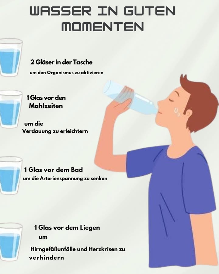 Die Bedeutung des Wassertrinkens zur richtigen Zeit 
拏 2 Gläser gleich nach dem Aufstehen  wecken und beleben den Körper
拏 1 Glas vor den Mahlzeiten  erleichtert den Verdauungsprozess
拏 1 Glas vor der Dusche  hilft, den Blutdruck zu regulieren
拏 1 Glas vor dem Schlafengehen  reduziert das Risiko von Schlaganfällen und Herzinfarkten
 Hydration ist nicht nur eine Gewohnheit, sondern ein entscheidender Schritt für dein Wohlbefinden!