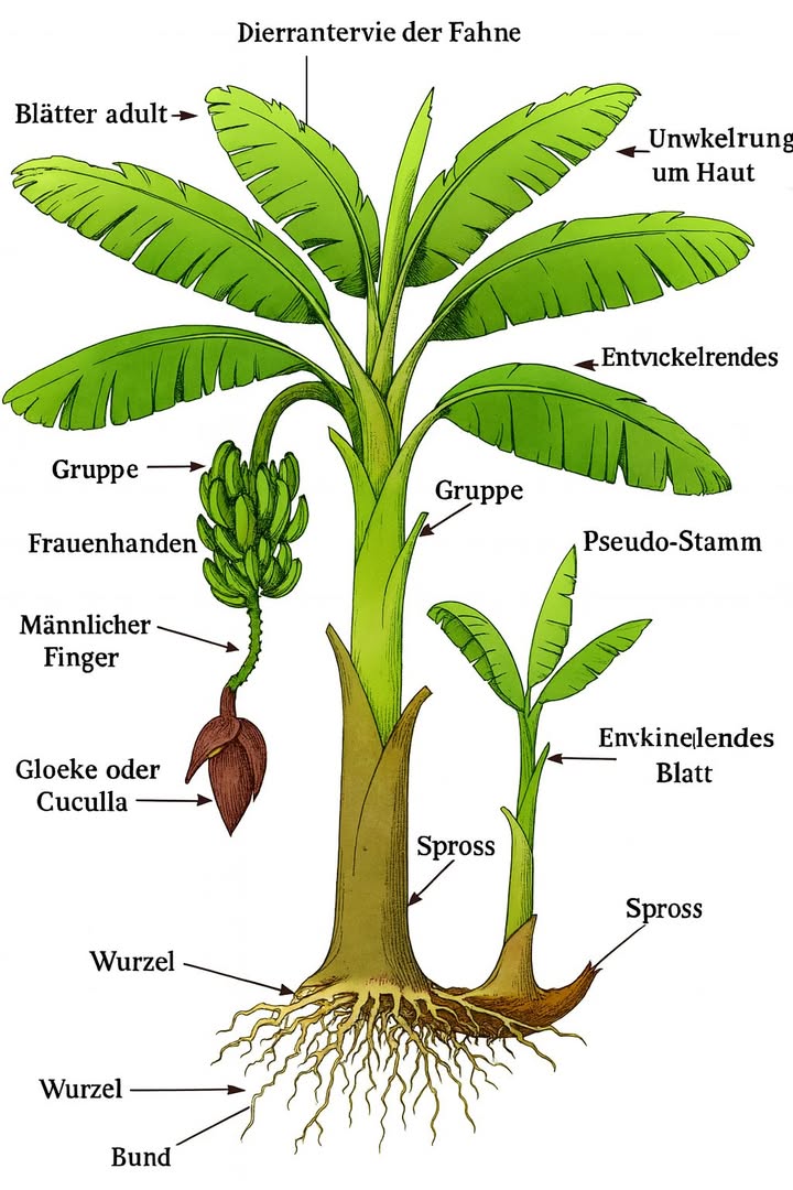 Anatomie der Bananenpflanze: die wichtigsten Teile, die du kennen solltest

 Blätter
 Erwachsenes Blatt: Bei voller Reife verantwortlich für die Photosynthese.
 Fahnenblatt: Das letzte Blatt vor der Blüte, kleiner als die anderen.
 Blattspreite: Der breite Teil des Blattes, der das Licht für die Photosynthese aufnimmt.
 Ober- und Unterseite: Die Blattoberfläche Oberseite und die Unterseite Rückseite.
 Mittelrippe: Hauptkanal für den Transport von Wasser und Nährstoffen.

 Sprossachse und Struktur
 Scheinstamm: Falscher Stamm, gebildet durch die dichten Blattscheiden.
 Pseudopetiol: Teil, der das Blatt mit dem Scheinstamm verbindet.
 Cormus: Unterirdische Basis, in der Energie gespeichert wird und von der die Wurzeln ausgehen.
 Wurzeln: Nehmen Wasser und Nährstoffe aus dem Boden auf.

 Fortpflanzung
 Kindel: Junge Triebe aus dem Cormus, genutzt zur vegetativen Vermehrung.

 Blüten und Früchte
 Fruchtstand: Gesamtheit der Früchte, die die Hände der Bananen bilden.
 Weibliche Blütenhände: Bereich, in dem sich die Früchte entwickeln.
 Leitfinger: Erste gebildete Frucht, dient als Entwicklungsanzeiger.
 Blütenspitze oder Blütenkappe: Ende des Fruchtstandes mit den Blüten.

 Ein unverzichtbares Schema, um die Morphologie des Bananenbaums zu verstehen  ideal für den landwirtschaftlichen und praktischen Anbau.