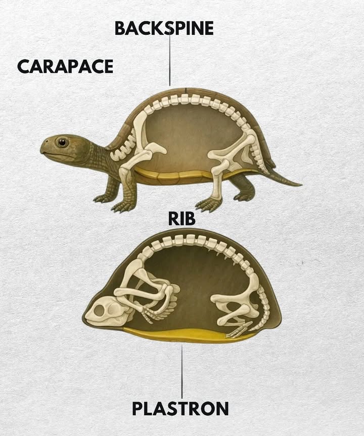 The surprising anatomy of the turtle 

1 Shell
Its her built-in home, always carried on her back.

2 Spine
Its fused with the shell, so turtles cant simply leave their shell.

3 Ribs
Theyre attached to the shell too, which makes their breathing very different from ours.

4 Plastron
The underside part, acting as a protective belly shield.

A true little armored creature, moving slowly but steadily!

#turtle #wildlife #fblifestyle