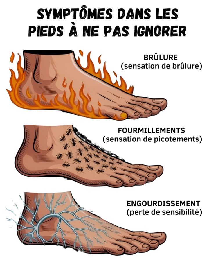 Signes à surveiller dans les pieds 

Le corps exprime des signaux pouvant révéler un déséquilibre ou un problème sous-jacent.

 Sensation de brûlure : impression de chaleur constante.
 Fourmillements : sensation de picotements persistants.
 Engourdissement : perte de sensibilité ou sensation de froid.

 Ces manifestations peuvent être liées à des troubles de la circulation, du système nerveux ou à certaines pathologies comme le diabète.
 Observer régulièrement ces signes aide à préserver la santé et le bien-être.

#Santé #BienÊtre #Prévention