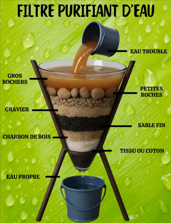 Filtre Purifiant dEau Naturel : une solution simple et efficace 

Ce filtre maison est une méthode ingénieuse pour purifier leau trouble en utilisant uniquement des matériaux naturels. Idéal pour le camping, les situations durgence ou léducation écologique, il permet dobtenir une eau visuellement propre grâce à une filtration par couches.

 Composition du filtre de haut en bas :
 Gros rochers  Retiennent les plus grosses particules et débris
 Petites roches  Filtrent les impuretés solides moyennes
 Gravier  Capte les éléments plus fins
 Sable fin  Affine encore la filtration et bloque les petites particules
 Charbon de bois  Purifie en profondeur, absorbe odeurs et toxines
 Tissu ou coton  Filtration finale, capture les impuretés restantes

Leau passe lentement à travers chaque couche et ressort visiblement claire à la sortie.
Bien que cette méthode améliore considérablement la propreté visuelle, il est recommandé de faire bouillir leau après filtration pour garantir quelle soit potable.

 Un système écologique, économique et facile à réaliser avec des matériaux accessibles.

#SurvieNaturelle #FiltreMaison #PurificationEau