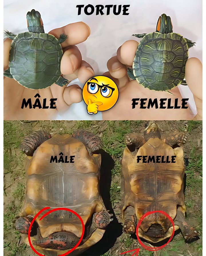 Différences entre la tortue mâle et la femelle
Dans la nature, distinguer le sexe des tortues est essentiel pour comprendre leur biologie et assurer une bonne conservation.

 Mâle : possède généralement un plastron partie inférieure de la carapace concave, ce qui facilite laccouplement. Sa queue est également plus longue et plus large à la base.

 Femelle : présente un plastron plat, idéal pour contenir les œufs. Sa queue est plus courte et fine, avec la cloaque plus proche de la carapace.

Ces différences permettent didentifier le sexe de manière simple et sont essentielles pour ceux qui soccupent ou étudient ces espèces fascinantes.