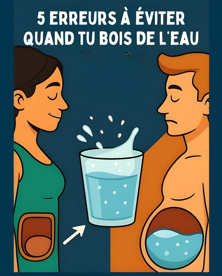 Boire de leau comme un pro : les 5 erreurs qui te laissent dans le brouillard et comment les éviter
 Spoiler : ton estomac nest pas une machine à laver ! 

 Erreur 1 : Boire comme un chameau dans le désert 
Le drame : tsunami digestif  ballonnements  reins surchargés.
 La solution : sirote tout au long de la journée, comme à une dégustation de vin.
 Astuce : une gourde avec repères horaires = rappel dhydratation en douceur.

 Erreur 2 : Leau qui noie ton repas adieu digestion !
Dilution des sucs gastriques  ton steak flotte comme un radeau 數
 Bois 30 min avant le repas et 1 h après.
 Pendant : 2-3 petites gorgées maximum.

 Erreur 3 : LArctique dans ta gorge 流
Eau glacée = choc thermique  vaisseaux contractés, digestion paralysée.
 Préfère leau à température ambiante.
Après le sport : fraîche mais pas polaire !

 Erreur 4 : Oublier le shot du matin catastrophe !
Cerveau en mode éponge sèche 易什  fatigue et confusion.
 Au réveil : 1 verre deau tiède  citron 
Attends 15 min avant le café pour booster ton corps.

 Erreur 5 : Se voler ses propres minéraux auto-sabotage !
Trop deau sans minéraux = carences  crampes  fatigue.
 Ajoute une pincée de sel dans ta bouteille.
 Mange banane, épinards, amandes.
 Eau de coco = potion magique post-sport.

 Bonus : Les astuces qui changent tout
Ta bouteille = ton ombre.
La soif = alerte rouge.
Infusions maison : concombre  menthe 勒 / framboise  basilic.
Couleur durine : jaune clair =  / foncé = 

 Le secret :
Boire lentement = chouchouter ton corps.
Boire à jeun = spa pour tes organes.
Eau tiède = manteau de cachemire digestif.

 En résumé :
Sirote lentement 
Sépare repas et hydratation 
Évite leau glacée 
Commence la journée avec 1 verre 
Ajoute minéraux et potassium 
Résultat : énergie  10, digestion parfaite et corps heureux.
