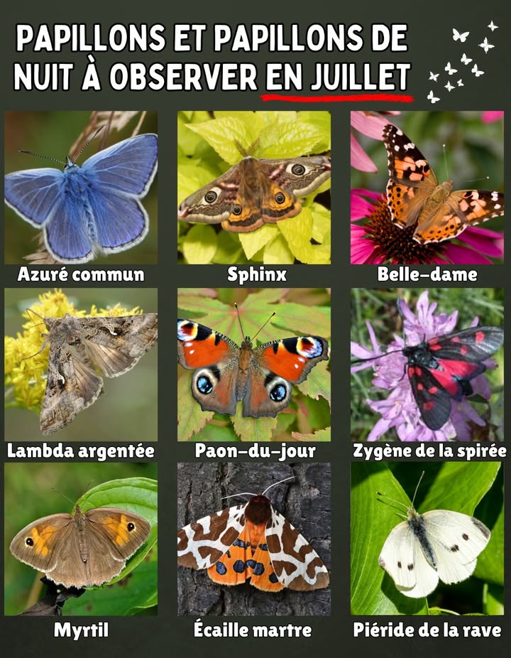 曆 PAPILLONS À ADMIRER EN JUILLET  JOUR & NUIT 
Le mois de juillet est idéal pour observer une grande variété de papillons et de papillons de nuit dans les jardins, prairies et forêts.

Voici 10 espèces à repérer ce mois-ci :
 Azuré commun  délicat et lumineux
 Sphinx  ailes spectaculaires et vol rapide
李 Belle-dame  grande migratrice
 Lambda argentée  active la nuit
連 Paon-du-jour  motifs fascinants en œil
 Zygène de la spirée  rouge et noir, toxique pour ses prédateurs
 Myrtil  discret et commun dans les clairières
 Écaille martre  robe tachetée remarquable
 Piéride de la rave  fréquente dans les potagers

 Attirez-les avec des fleurs riches en nectar comme les échinacées, buddleias ou lavandes.
#PapillonsDeFrance #ObservationNature #PapillonsDeJardin