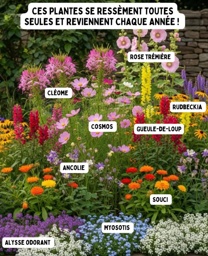 Les fleurs qui reviennent toutes seules, année après année 
De la patience, un peu de soleil, et la nature fait le reste.
Ces beautés se ressèment delles-mêmes et colorent le jardin sans effort. 

Souci, Rudbeckia, Ancolie, Cléome, Gueule-de-loup, Alysse odorant, Rose trémière, Cosmos et Myosotis  un festival de fleurs fidèles qui renaissent chaque saison. 

 Astuce naturelle : laissez les dernières fleurs faner et tomber, la terre se chargera de tout. 
#JardinNaturel #FleursVivaces #MagieDuJardin