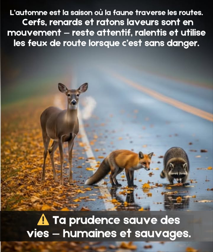 Lautomne, quand la nature reprend la route.
Les cerfs glissent entre les brumes,
les renards filent dans la lumière des phares,
les ratons laveurs cherchent leurs dernières provisions. 歷力

Ralentis, observe, éclaire avec douceur.
La prudence dun instant peut sauver une vie  la leur, et la tienne.