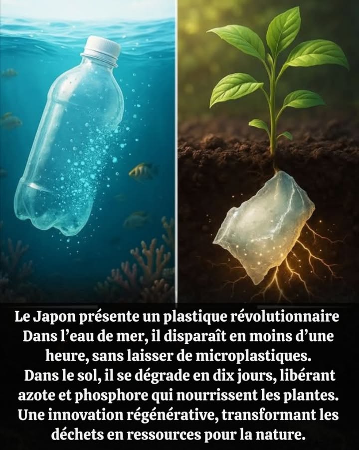 Le Japon a créé un plastique révolutionnaire 

 Dans leau de mer, il disparaît en moins dune heure, sans laisser de microplastiques.
 Dans le sol, il se dégrade en 10 jours, libérant azote et phosphore qui nourrissent les plantes.

Ce matériau ne se contente pas dêtre biodégradable  il est régénératif, transformant les déchets en nourriture pour la nature.
