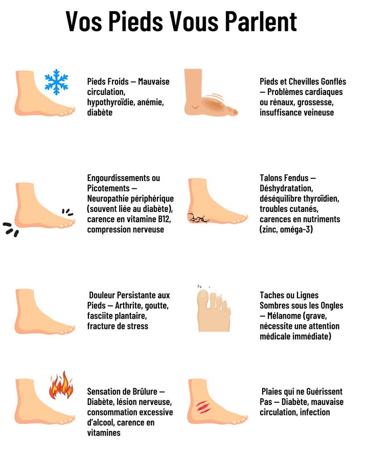 禮 Vos Pieds Vous Parlent 
Chaque signe est un message de votre corps  apprenez à lécouter pour préserver votre santé. 

 Pieds Froids
Indiquent souvent une mauvaise circulation, une hypothyroïdie, une anémie ou un diabète.
Des pieds froids en permanence méritent un contrôle médical.

 Pieds ou Chevilles Gonflés
Peuvent signaler un problème cardiaque, rénal ou circulatoire.
Normaux pendant la grossesse, mais à surveiller sinon.

 Engourdissements / Picotements
Liés à une neuropathie, une carence en vitamine B12 ou une compression nerveuse.
Des sensations à ne pas ignorer, surtout si elles deviennent fréquentes.

 Douleurs Persistantes
Peuvent cacher de larthrite, de la goutte ou une fasciite plantaire.
Une douleur chronique mérite une évaluation médicale.

 Sensation de Brûlure
Souvent liée au diabète, à des lésions nerveuses ou à une carence vitaminique.
Un signal clair de déséquilibre nerveux.

 Talons Fendus
Révèlent parfois une déshydratation, un déséquilibre thyroïdien ou une carence en zinc.
Prenez soin de votre peau et hydratez-vous.

 Taches Sombres sous les Ongles
Attention au risque de mélanome  un signe à faire examiner sans attendre.

 Plaies qui ne Guérissent Pas
Symptôme possible de diabète, dinfection ou de mauvaise circulation.
Ne laissez pas traîner, consultez rapidement.

 Vos pieds racontent bien plus que votre marche  ils reflètent votre santé intérieure.