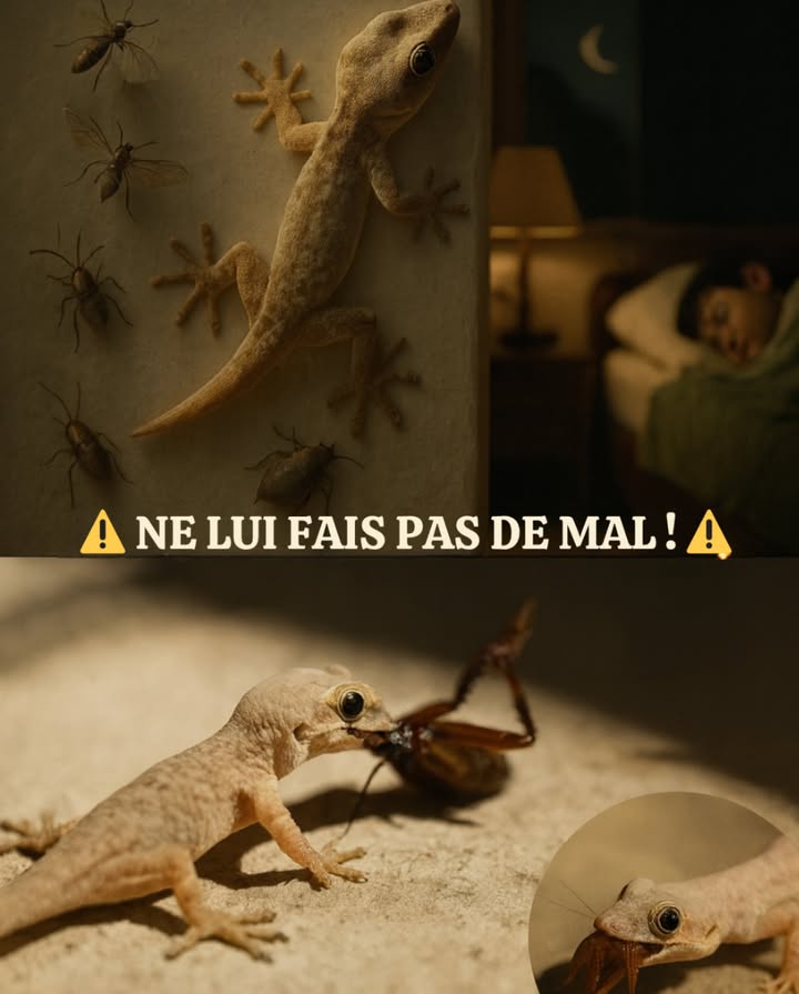 NE LE BLESSE PAS ! 
On les appelle geckos, mais beaucoup les connaissent comme les nettoyeurs naturels de la maison.

年 Totalement inoffensifs pour lêtre humain, ils sont en réalité de précieux alliés :
 Ils se nourrissent de cafards 荒
 Ils chassent les araignées, les mouches et les moustiques 烈
 Ils affrontent même les scorpions 廬

Véritables héros silencieux, ils nous protègent jour et nuit des parasites et des piqûres dangereuses, sans le moindre insecticide.

 La prochaine fois que tu en vois un chez toi, souviens-toi : ce nest pas une menace, cest un gardien.