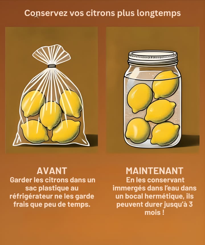 Conservez vos citrons plus longtemps
Dans un sac plastique, ils restent frais seulement quelques jours.
Dans un bocal hermétique rempli deau, ils se gardent jusquà 3 mois au réfrigérateur.
 Leur goût, arôme et jus restent intacts beaucoup plus longtemps.