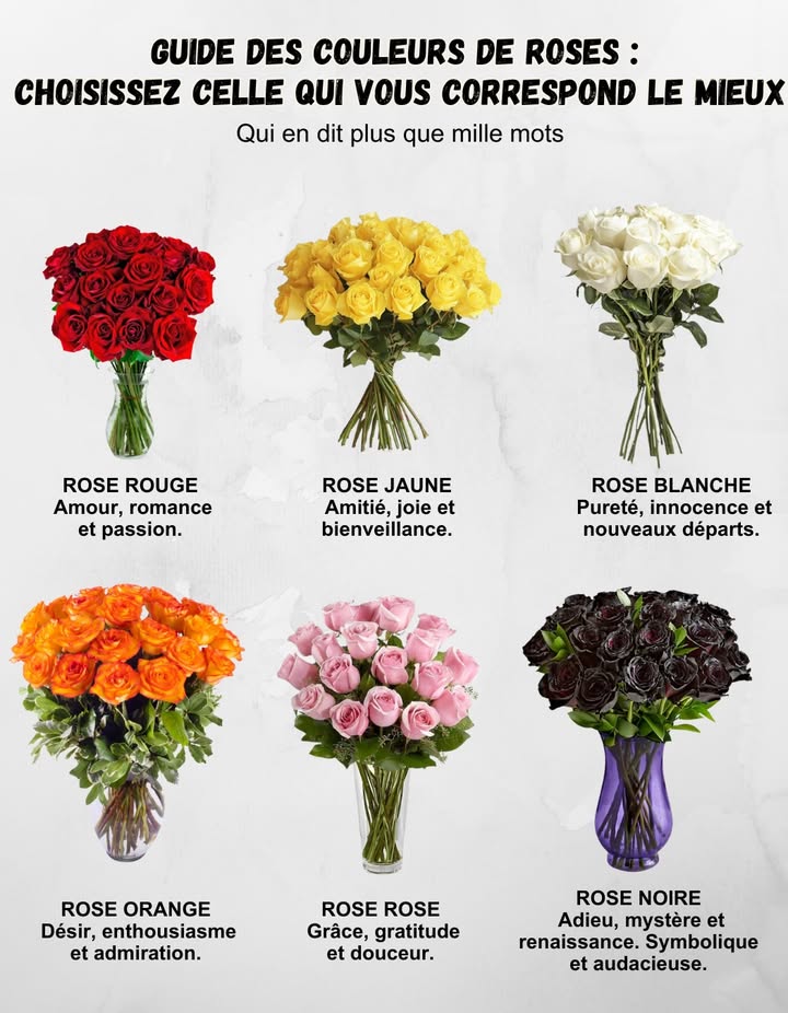 Guide des couleurs de roses : choisissez celle qui vous correspond le mieux
 Une rose peut en dire plus que mille mots

Les roses sont bien plus que de simples fleurs. Chaque couleur murmure une émotion, révèle une intention, incarne un message. Offrir une rose, cest partager un fragment dâme.

 Rose rouge
Amour, romance et passion. La messagère des cœurs brûlants.

 Rose jaune
Amitié, joie et bienveillance. Le rayon de soleil des relations sincères.

懶 Rose blanche
Pureté, innocence et nouveaux départs. Une douce promesse de renouveau.

李 Rose orange
Désir, enthousiasme et admiration. Lélan vibrant de ladmiration profonde.

 Rose rose
Grâce, gratitude et douceur. Un geste tendre, délicat et plein de respect.

 Rose noire
Adieu, mystère et renaissance. Un symbole rare de transformation et de force intérieure.

 Une couleur, une intention, un message.
Chaque rose raconte une histoire : choisissez la vôtre avec le cœur.