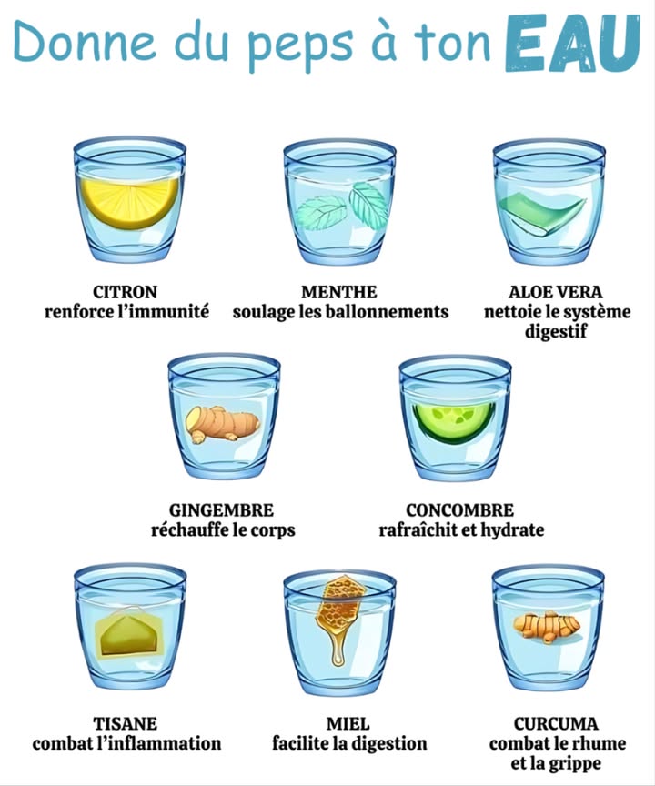 Donne du peps à ton eau : 8 ingrédients naturels pour booster ta santé 

Leau peut devenir une véritable boisson bien-être grâce à des ingrédients simples et naturels. Chaque ajout transforme ton verre en élixir santé.

 Citron  Renforce limmunité
Riche en vitamine C et antioxydants, il soutient le système immunitaire, stimule la digestion et apporte fraîcheur et vitalité.

 Menthe  Soulage les ballonnements
Apaise le système digestif, facilite la digestion et rafraîchit lhaleine avec quelques feuilles seulement.

 Aloe Vera  Nettoie le système digestif
Détoxifiant et apaisant, il améliore labsorption des nutriments et purifie lorganisme en douceur.

 Gingembre  Réchauffe le corps
Tonique et revigorant, il stimule la circulation, réduit les nausées et apporte une touche piquante.

勒 Concombre  Rafraîchit et hydrate
Gorgé deau et de minéraux, il apaise lorganisme, hydrate et offre une saveur douce et végétale.

 Tisane  Combat linflammation
Infusions dherbes riches en antioxydants et propriétés anti-inflammatoires pour varier les goûts tout en prenant soin de soi.

 Miel  Facilite la digestion
Naturel et doux, il favorise la digestion, adoucit leau et possède des propriétés antibactériennes.

 Curcuma  Combat le rhume et la grippe
Superaliment aux vertus anti-inflammatoires et immunostimulantes, il colore joliment leau et prévient les coups de froid.

 Hydratation et bienfaits
Ces mélanges naturels incitent à boire plus deau, apportent vitamines et minéraux, équilibrent le corps et lesprit tout en restant simples et économiques.

 Astuce
Prépare une carafe deau infusée la veille et laisse-la au réfrigérateur pour un goût plus intense et une boisson ultra rafraîchissante.