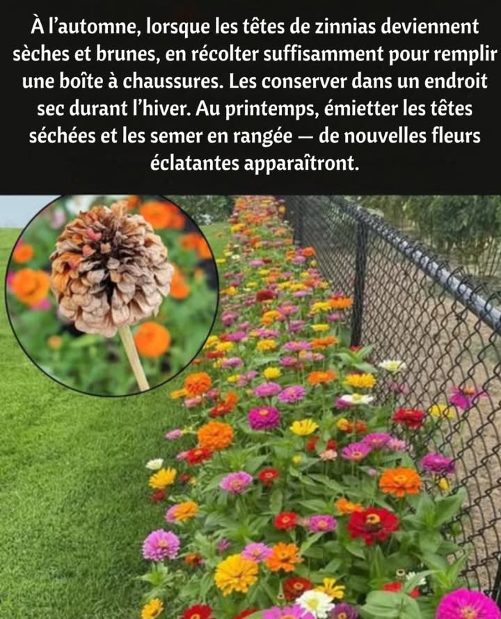 Astuce pour récolter les graines de zinnias et profiter de fleurs infinies 

 À lautomne, laisser les têtes de fleurs sécher sur la tige jusquà ce quelles deviennent brunes et papyracées.
狀 Récolter suffisamment de têtes séchées pour remplir une petite boîte.
 Conserver dans un endroit frais et sec pendant lhiver.
 Au printemps, émietter les fleurs séchées et disperser les graines en rangées.
 Une nouvelle vague de zinnias colorés refleurira avec éclat.

 Une méthode simple, économique et idéale pour garder un jardin plein de couleurs année après année.
