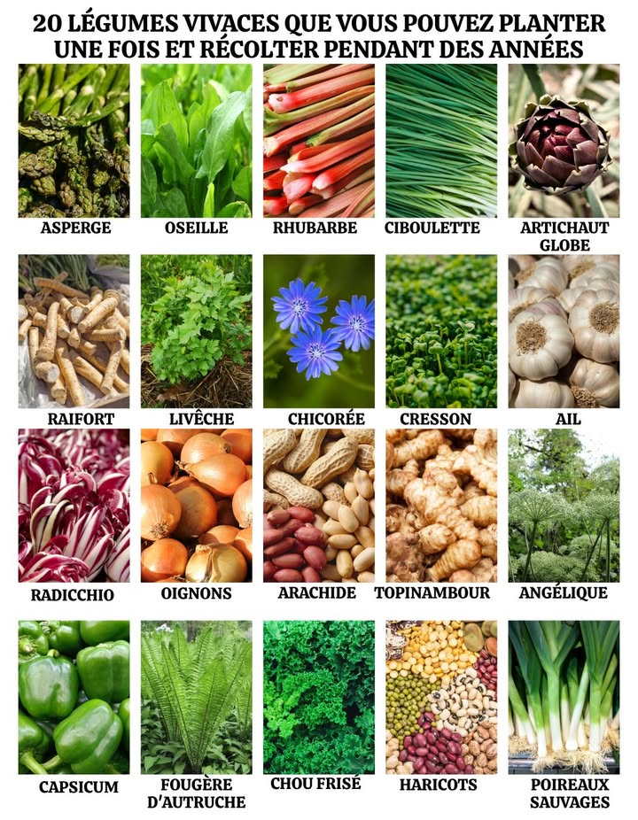 20 légumes vivaces à planter une fois et récolter pendant des années
Travaillez avec la nature, pas contre elle 
Ces légumes robustes repoussent chaque saison, vous faisant économiser du temps, de largent et de lénergie :
復 Légumes résistants et fidèles :
 Asperges
 Oseille
 Rhubarbe
 Ciboulette
 Artichaut globe
 Saveurs fortes et feuillages utiles :
 Raifort
 Livèche
 Chicorée
 Cresson
 Ail
塞 Curiosités du jardin à redécouvrir :
 Radicchio
 Oignons égyptiens
 Arachide
 Topinambour
 Angélique
 Surprises pérennes et nutritives :
 Capsicum piment vivace en climat doux
 Fougère dautruche
 Chou frisé vivace
 Haricots grimpants vivaces
 Poireaux sauvages
 Astuce de jardinier :
Paillez généreusement et ne dérangez pas les racines  elles vous récompenseront pendant des décennies