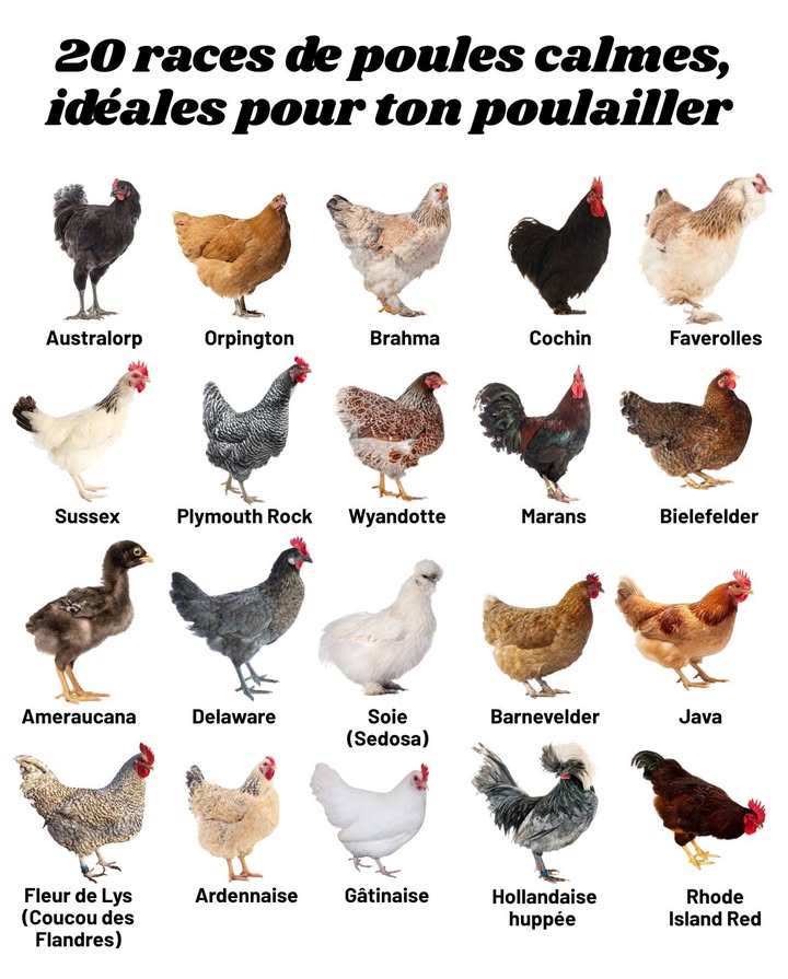 Races de poules calmes, idéales pour ton poulailler 襁

1 Australorp  Très douce, excellente pondeuse et facile à apprivoiser.
2 Orpington  Affectueuse, tranquille et idéale pour les familles.
3 Brahma  Géante pacifique au plumage majestueux.
4 Cochin  Duveteuse, docile et parfaite pour les petits espaces.
5 Faverolles  Gentille, sociable et bonne pondeuse dhiver.
6 Sussex  Curieuse, calme et très adaptable.
7 Plymouth Rock  Équilibrée, robuste et amicale.
8 Wyandotte  Résistante au froid, douce et silencieuse.
9 Marans  Discrète, pond de beaux œufs brun chocolat.
 Bielefelder  Grande, confiante et facile à manipuler.
11 Ameraucana  Tranquille, pond des œufs bleus uniques.
12 Delaware  Sociable, calme et excellente pondeuse.
13 Soie Sedosa  Petite boule de plumes, très affectueuse.
14 Barnevelder  Élégante, silencieuse et très stable.
15 Java  Race ancienne, douce et résistante.
16 Fleur de Lys Coucou des Flandres  Paisible et rustique.
17 Ardennaise  Calme, vive et adaptée aux climats frais.
18 Gâtinaise  Française, équilibrée et très maternelle.
19 Hollandaise huppée  Originale, curieuse et étonnamment douce.
20 Rhode Island Red  Classique, productive et facile à vivre.

 Parfaites pour les jardins familiaux, les petits poulaillers urbains ou une vie en autonomie.